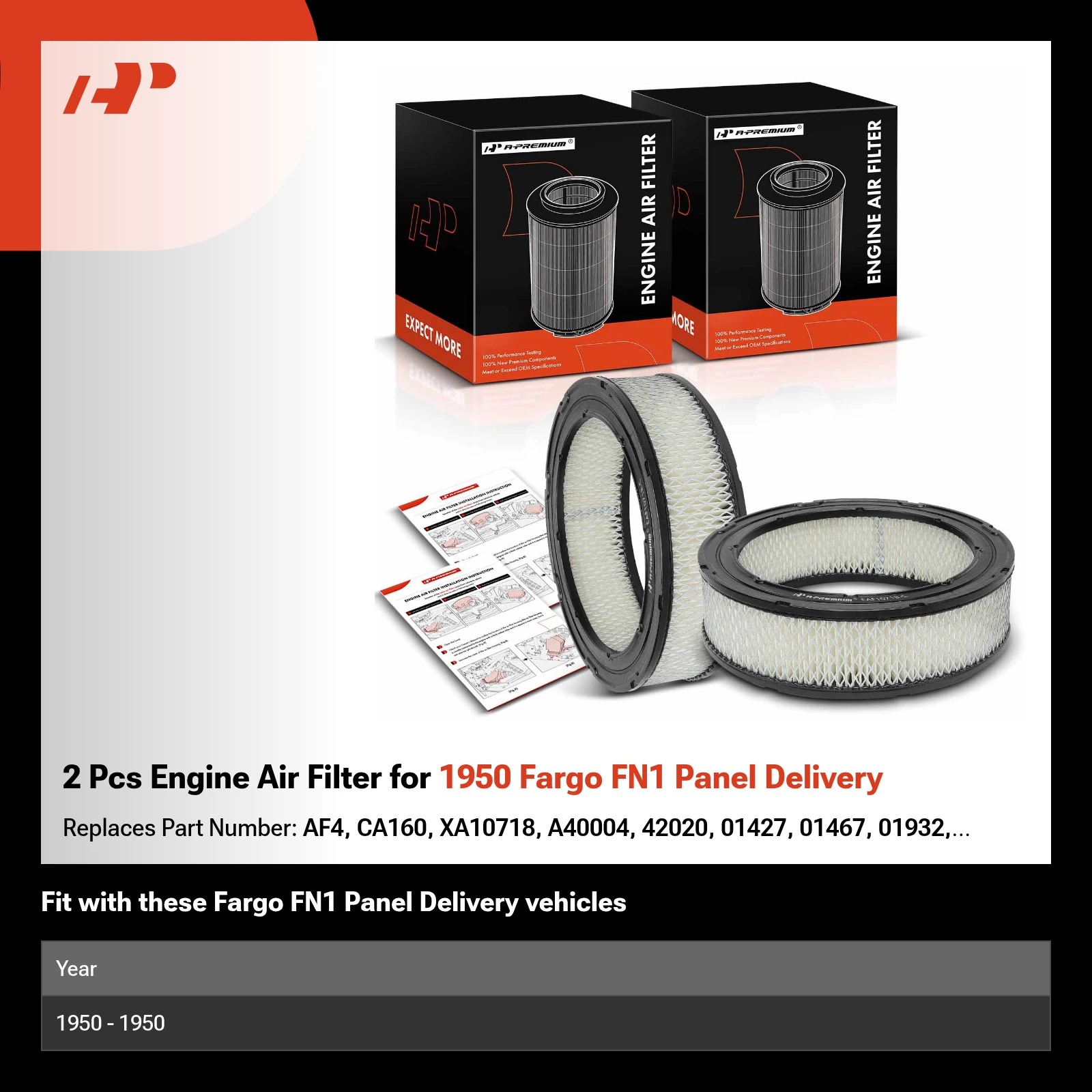 2 Pcs Engine Air Filter for 1950 Fargo FN1 Panel Delivery