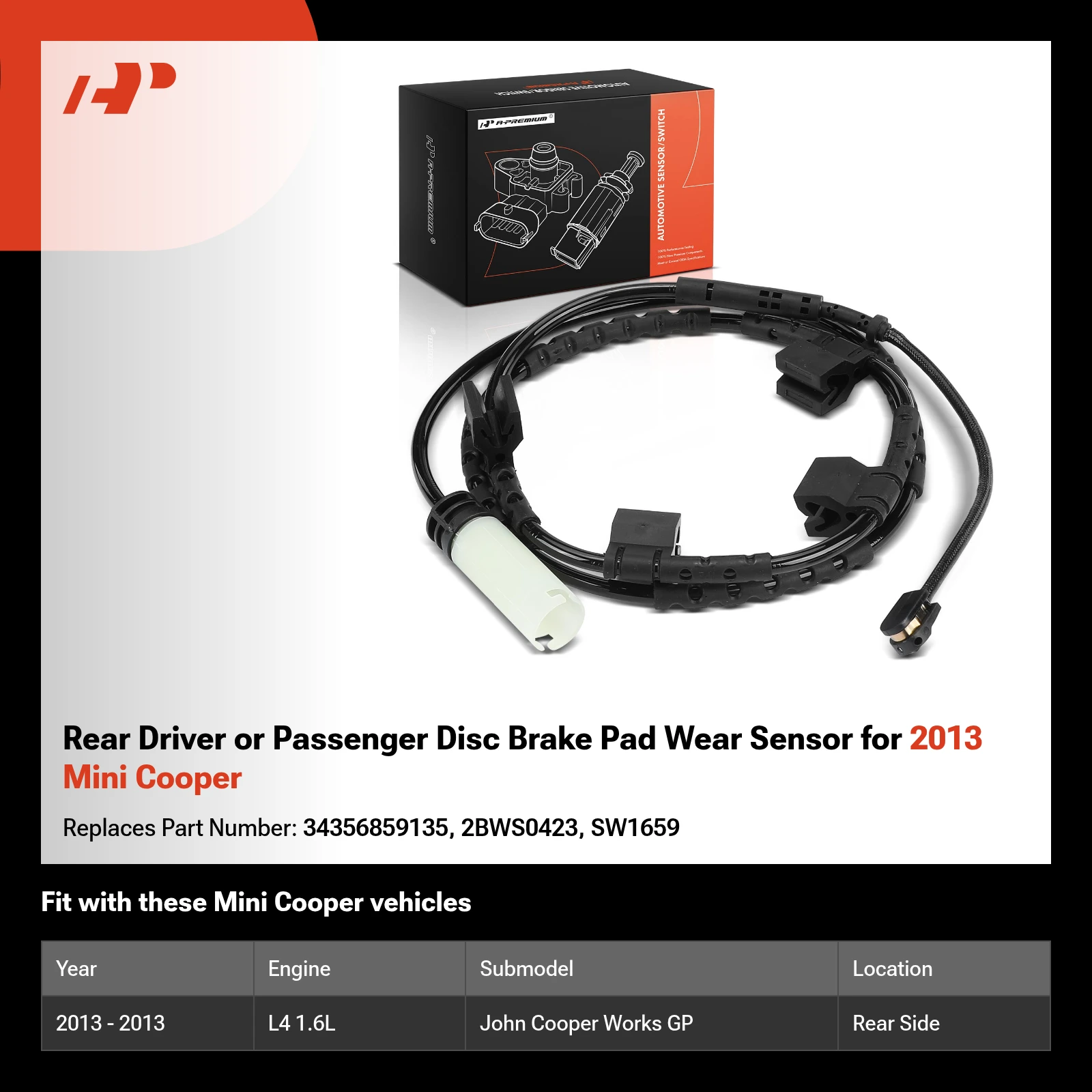Rear Driver or Passenger Disc Brake Pad Wear Sensor for 2013 Mini Cooper