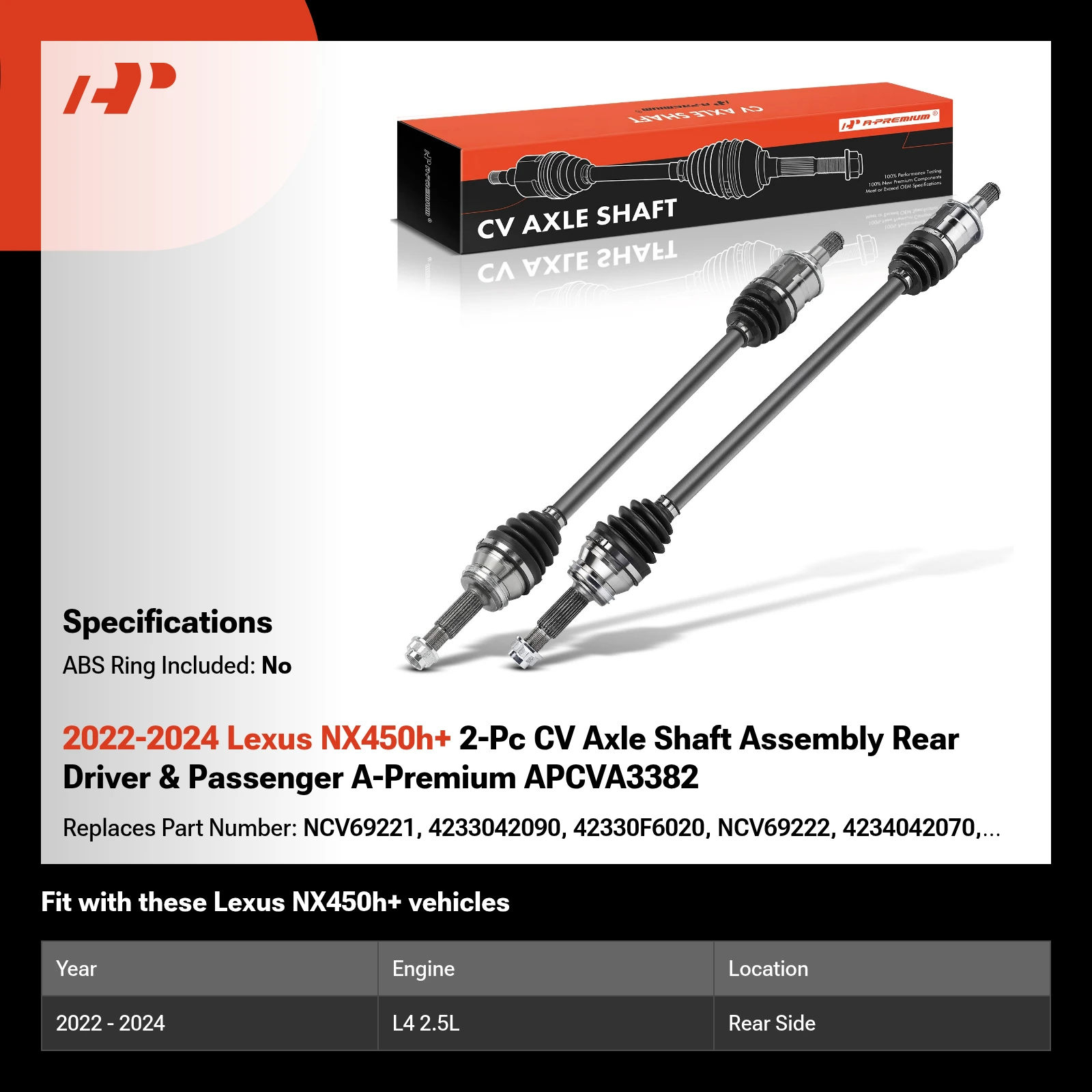 2022-2024 Lexus NX450h+ 2-Pc CV Axle Shaft Assembly Rear Driver & Passenger A-Premium APCVA3382