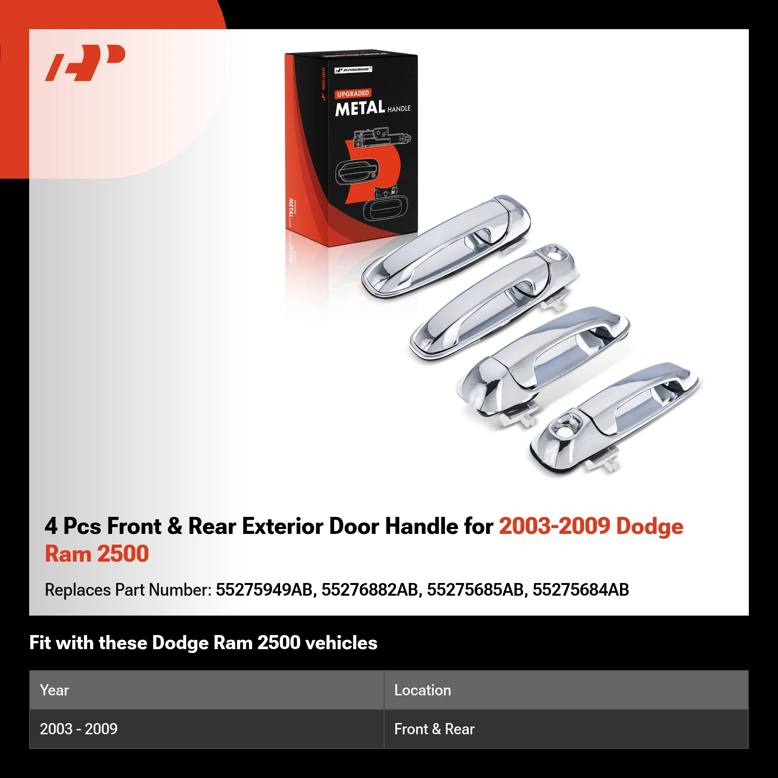 4 Pcs Front & Rear Exterior Door Handle for 2003-2009 Dodge Ram 2500