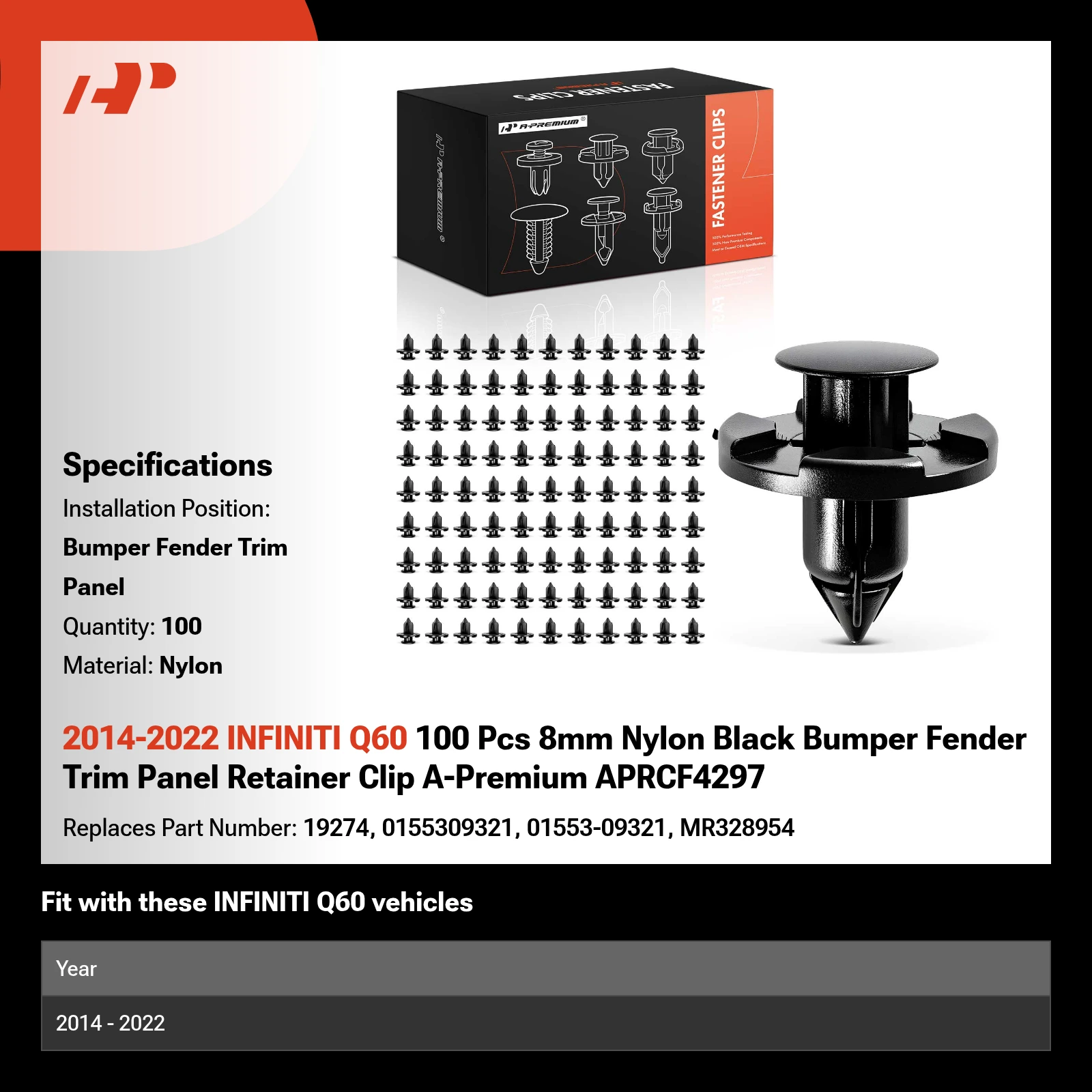 2014-2022 INFINITI Q60 100 Pcs 8mm Nylon Black Bumper Fender Trim Panel Retainer Clip A-Premium APRCF4297