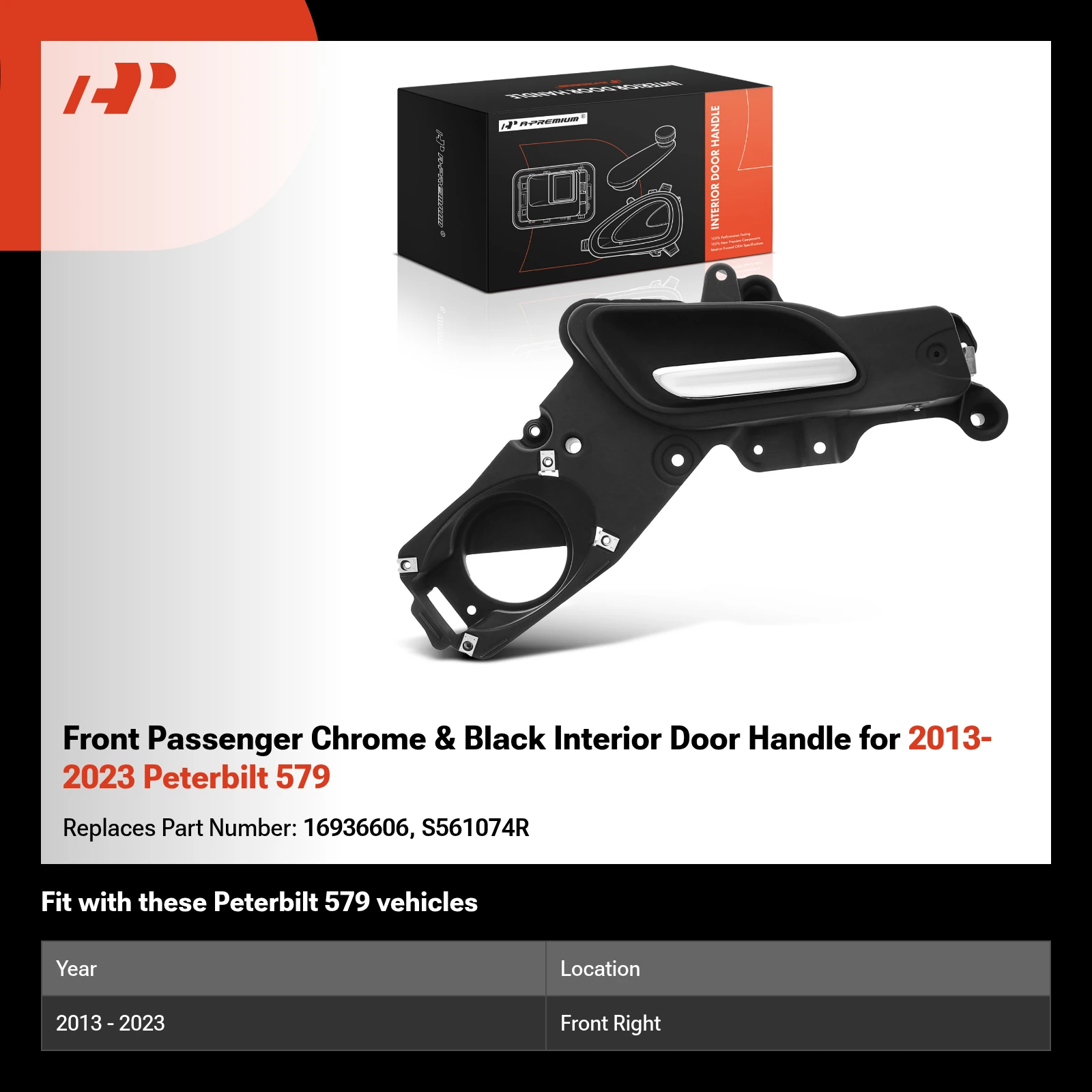 Front Passenger Chrome & Black Interior Door Handle for 2013-2023 Peterbilt 579