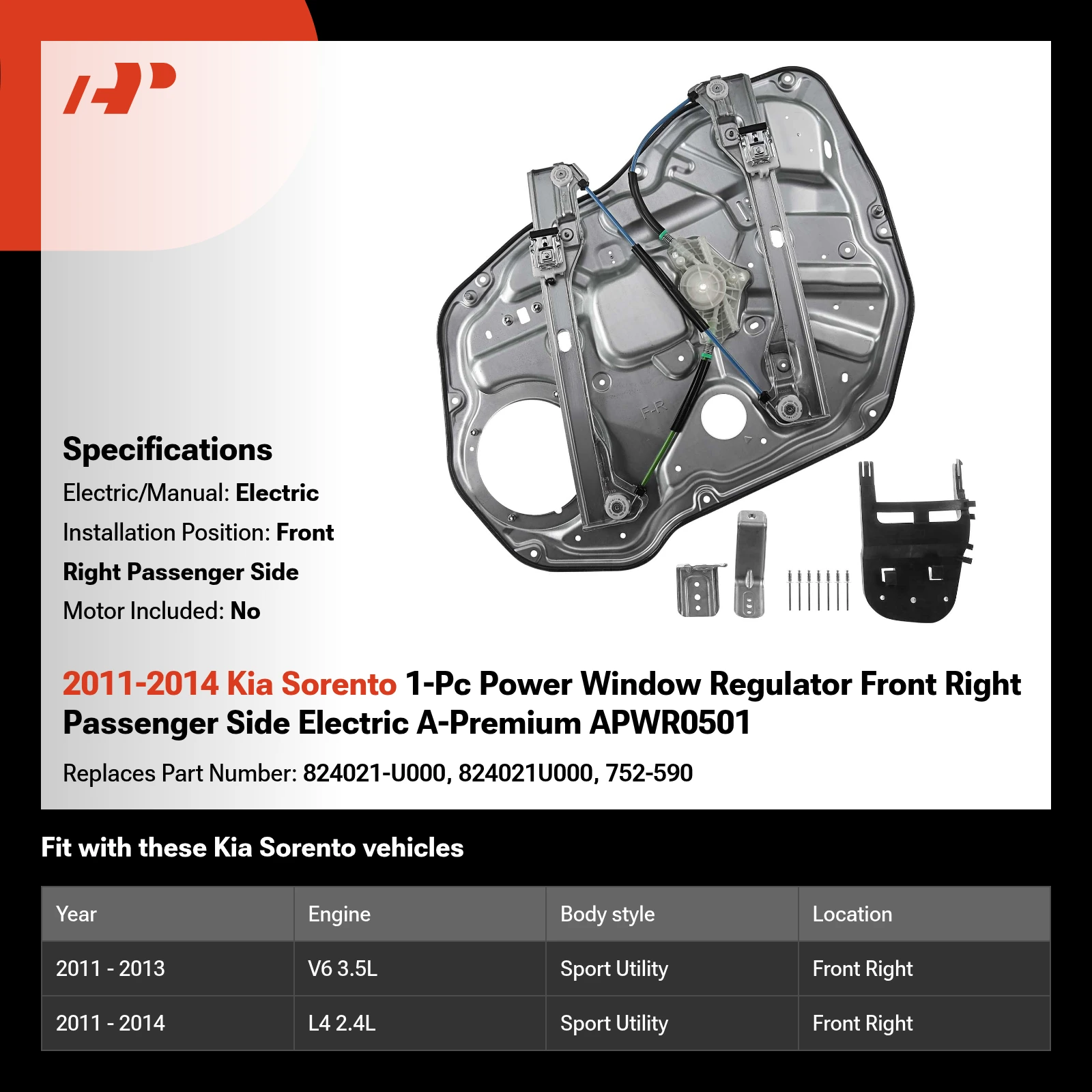 2011-2014 Kia Sorento 1-Pc Power Window Regulator Front Right Passenger Side Electric A-Premium APWR0501