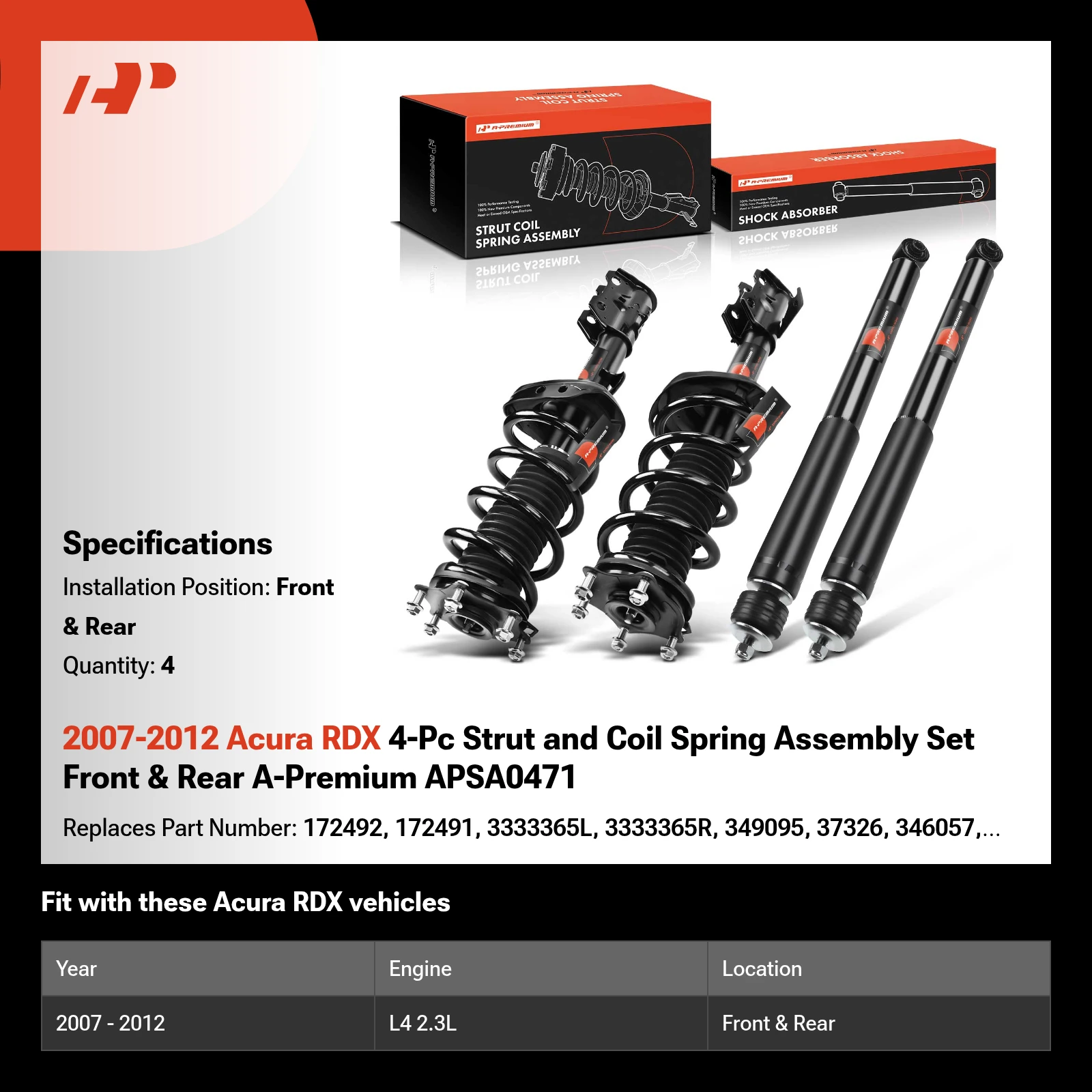 2007-2012 Acura RDX 4-Pc Strut and Coil Spring Assembly Set Front & Rear A-Premium APSA0471