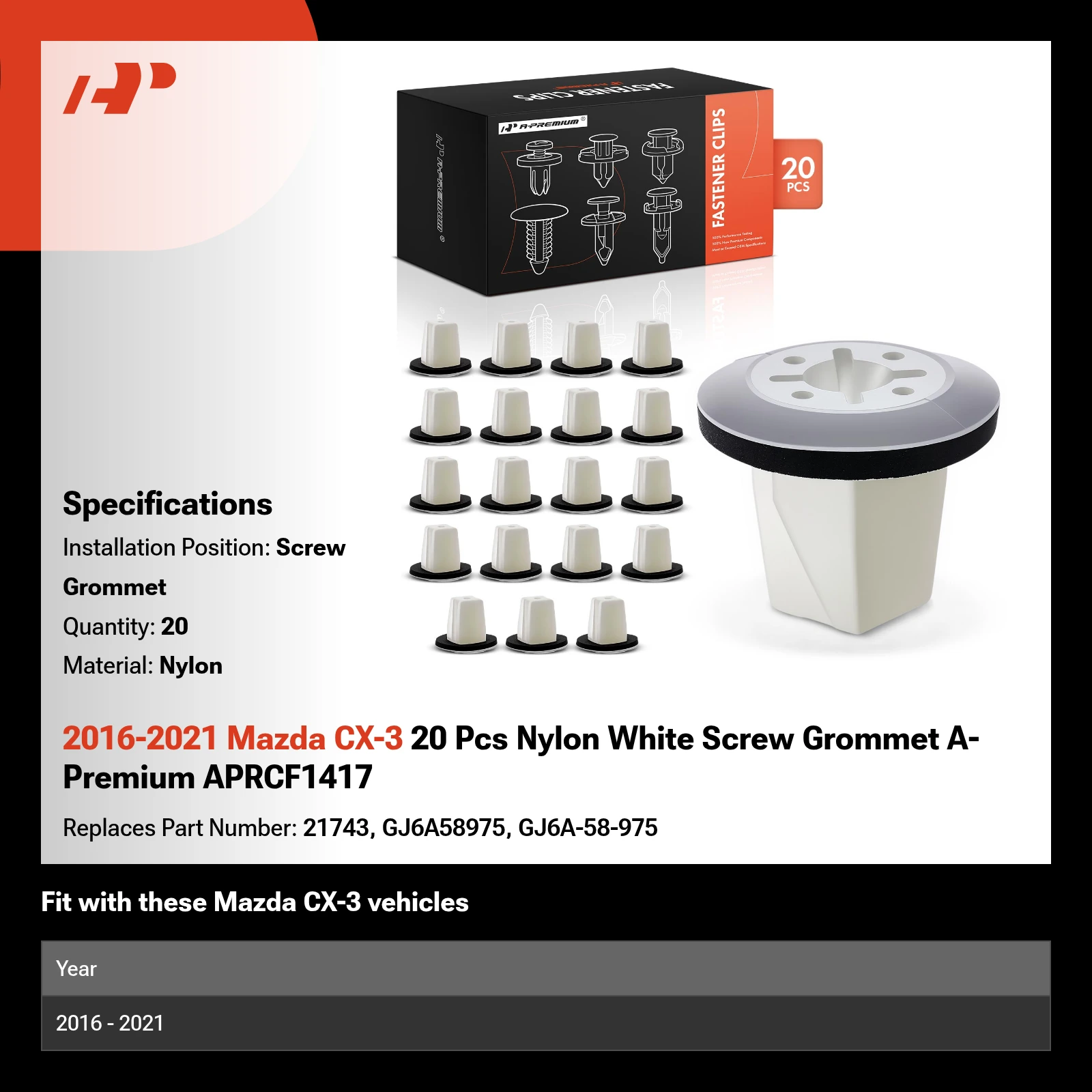 2016-2021 Mazda CX-3 20 Pcs Nylon White Screw Grommet A-Premium APRCF1417