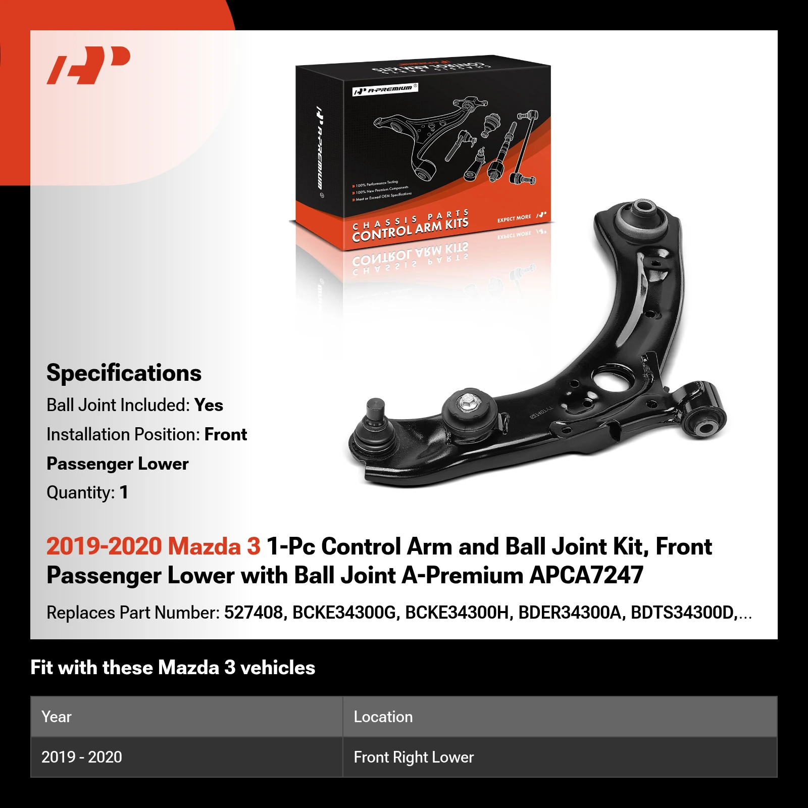 2019-2020 Mazda 3 1-Pc Control Arm and Ball Joint Kit, Front Passenger Lower with Ball Joint A-Premium APCA7247