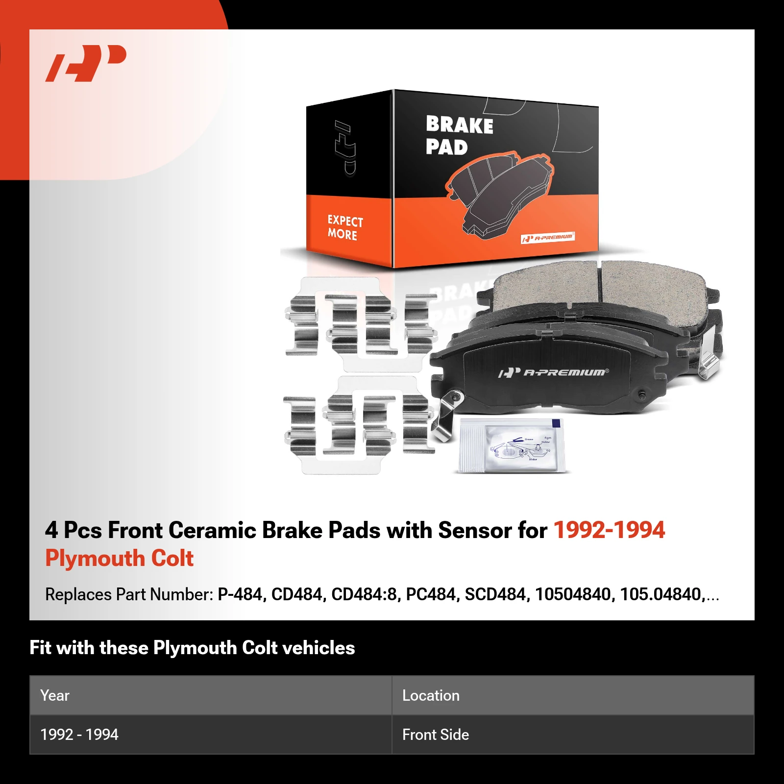 4 Pcs Front Ceramic Brake Pads with Sensor for 1992-1994 Plymouth Colt