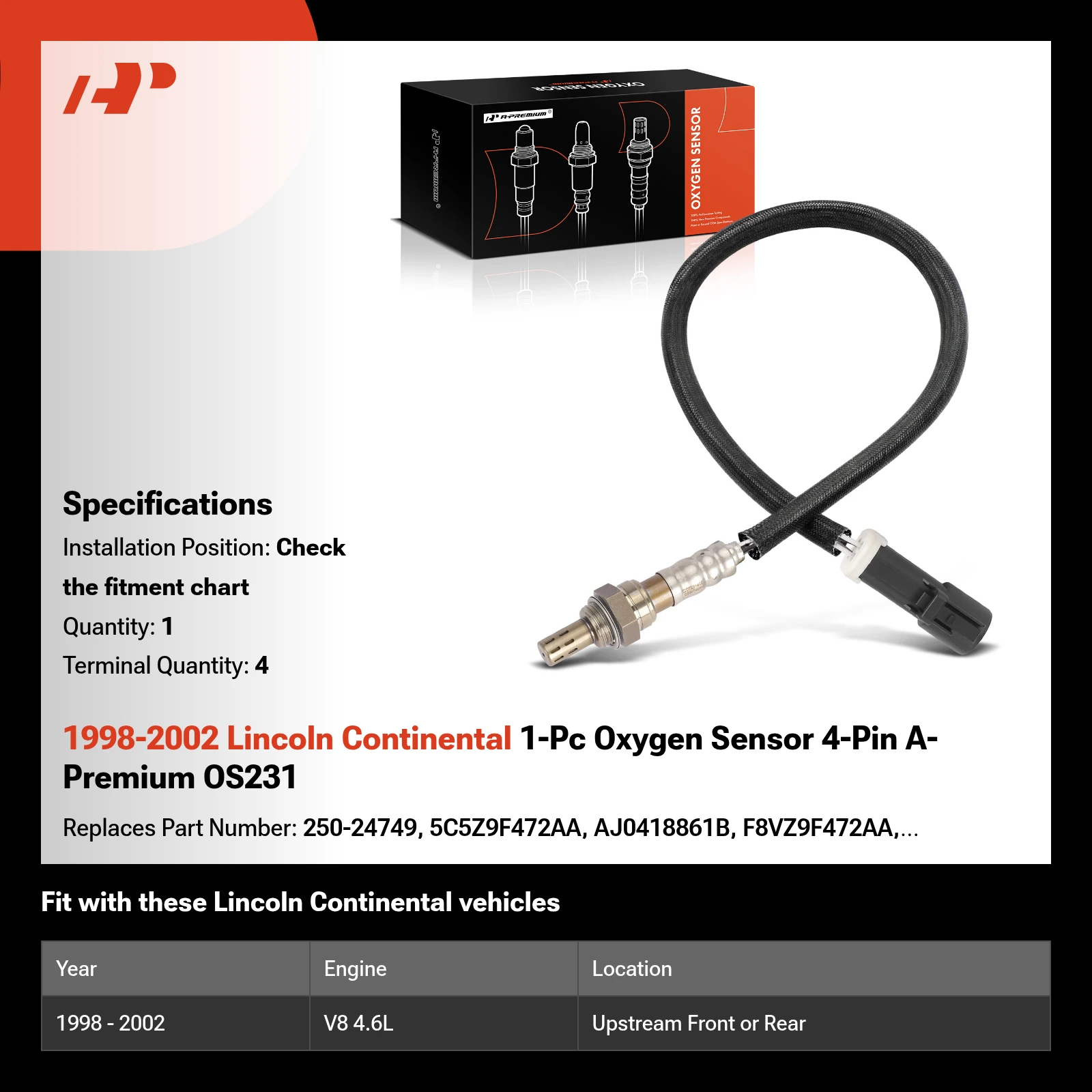 1998-2002 Lincoln Continental 1-Pc Oxygen Sensor 4-Pin A-Premium OS231
