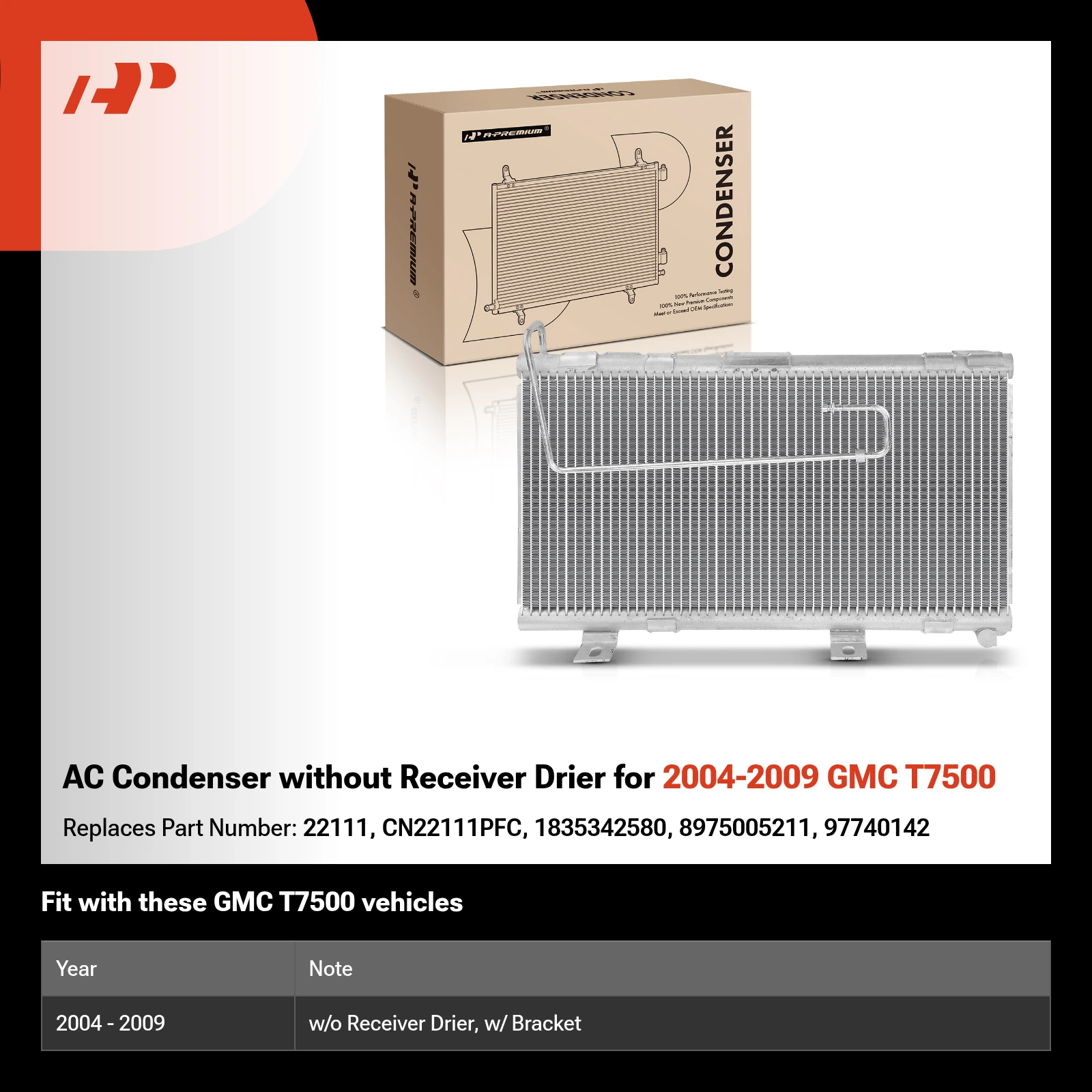 AC Condenser without Receiver Drier for 2004-2009 GMC T7500