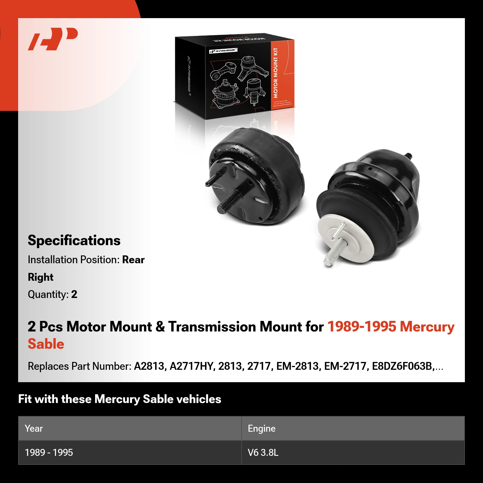 2 Pcs Motor Mount & Transmission Mount for 1989-1995 Mercury Sable