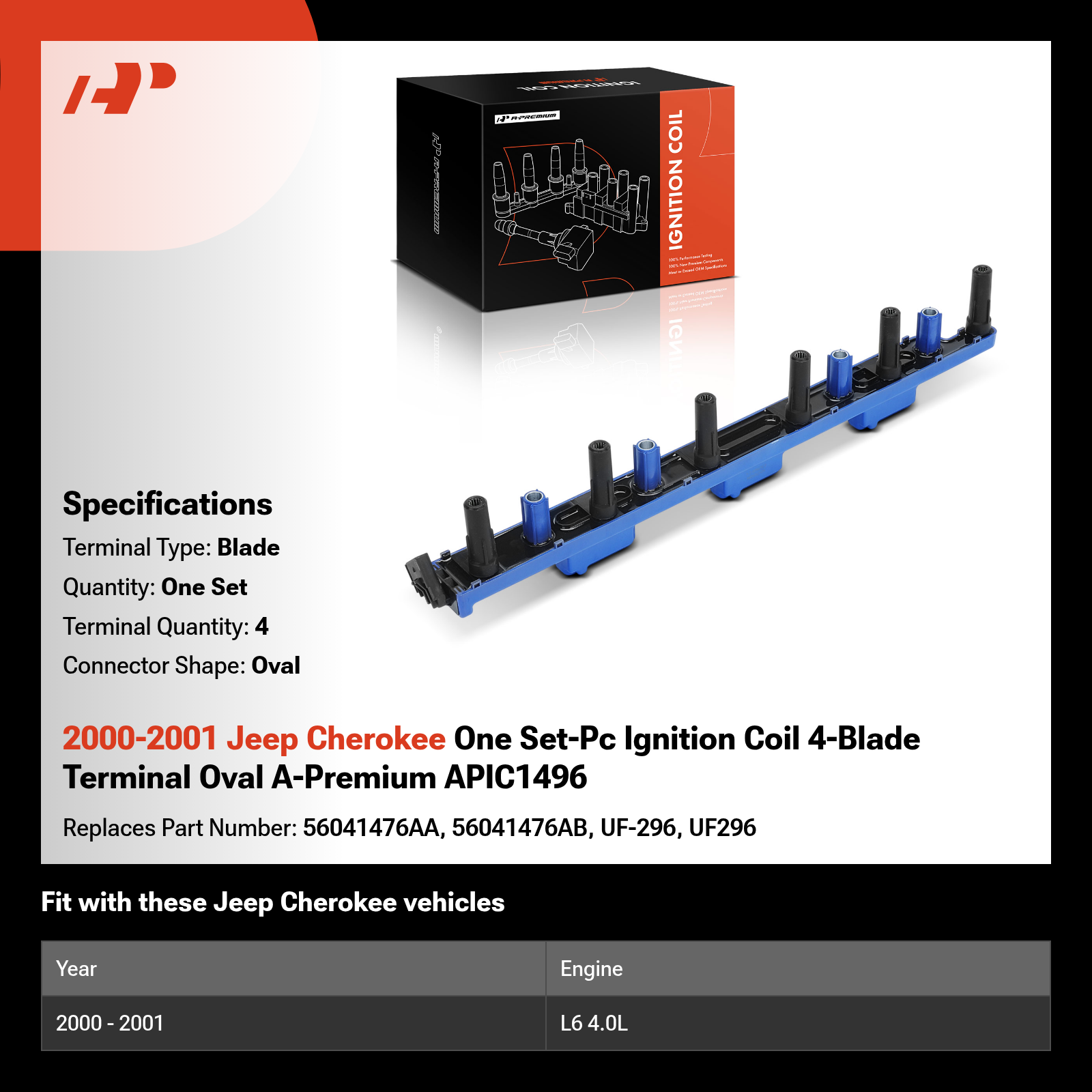 2000-2001 Jeep Cherokee One Set-Pc Ignition Coil 4-Blade Terminal Oval A-Premium APIC1496