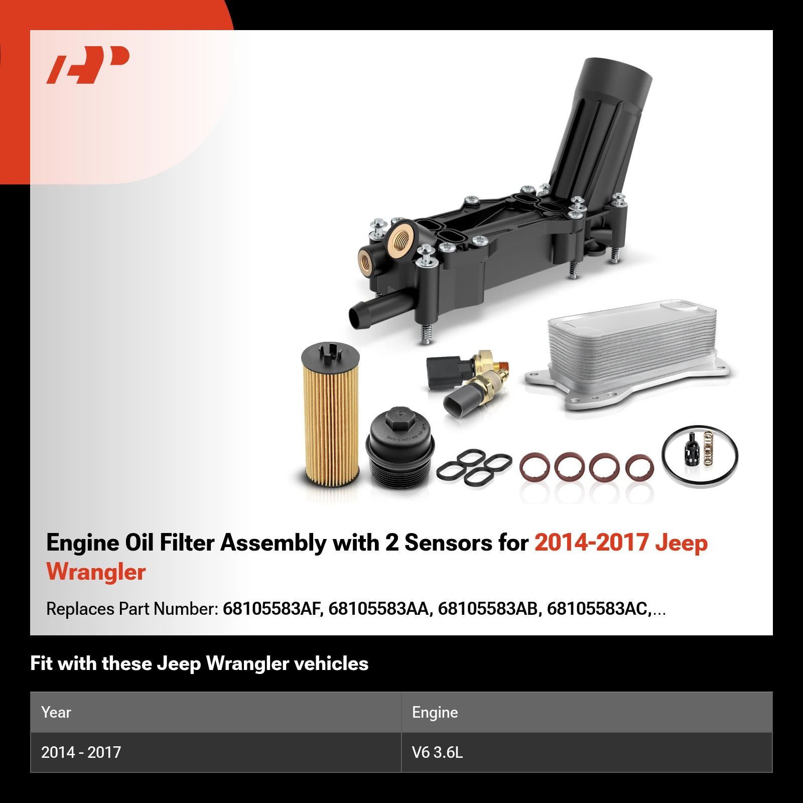 Engine Oil Filter Assembly with 2 Sensors for 2014-2017 Jeep Wrangler