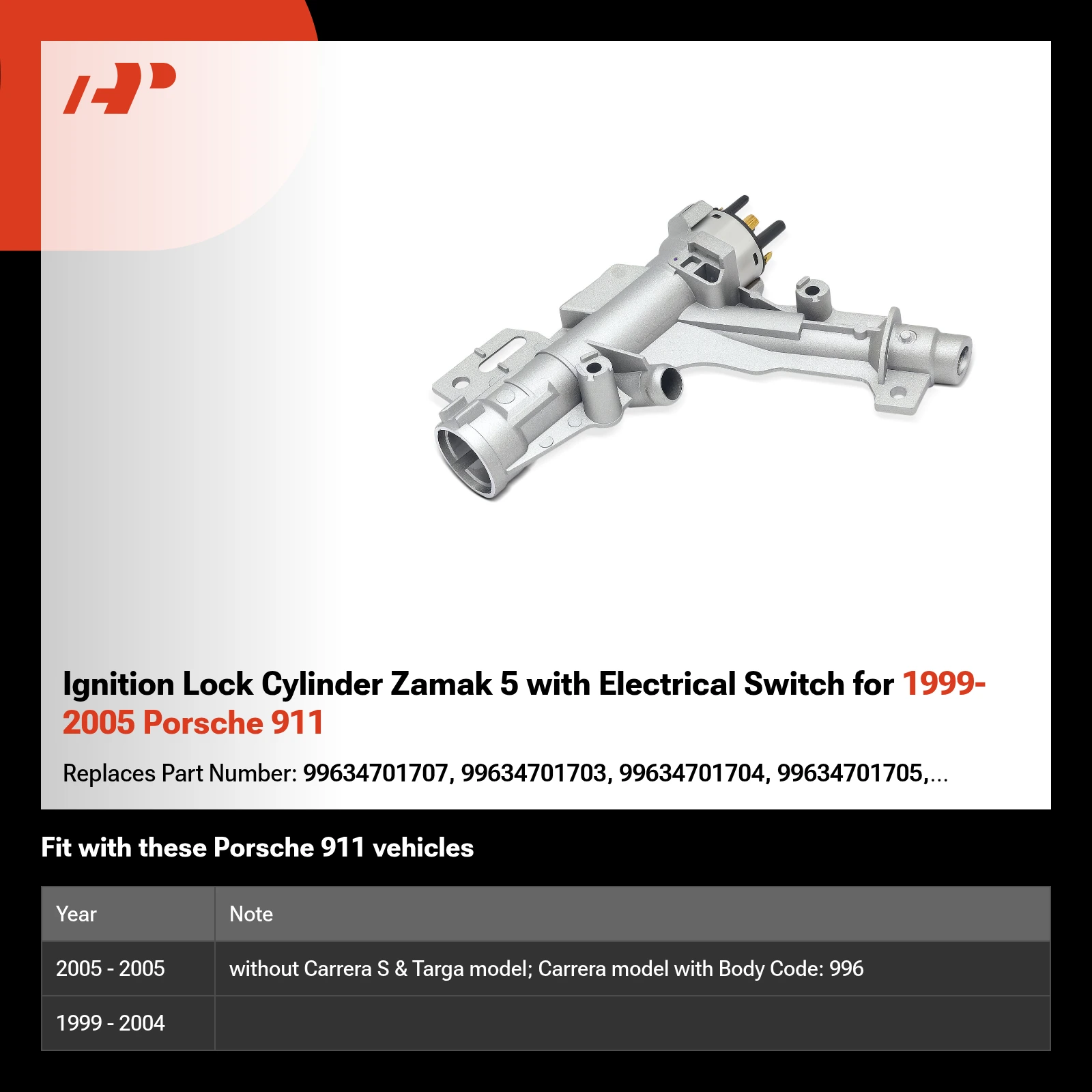 Ignition Lock Cylinder Zamak 5 with Electrical Switch for 1999-2005 Porsche 911