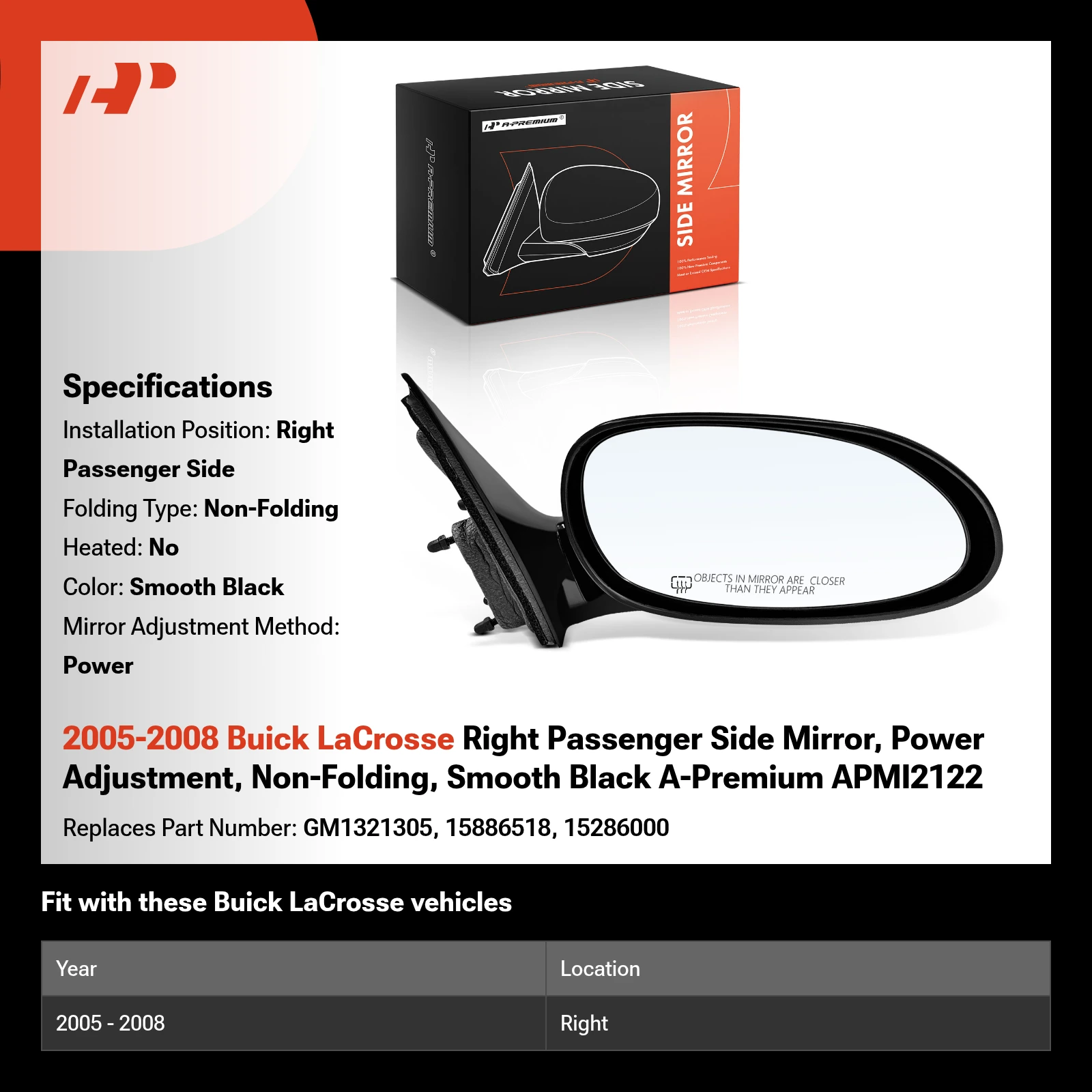 2005-2008 Buick LaCrosse Right Passenger Side Mirror, Power Adjustment, Non-Folding, Smooth Black A-Premium APMI2122