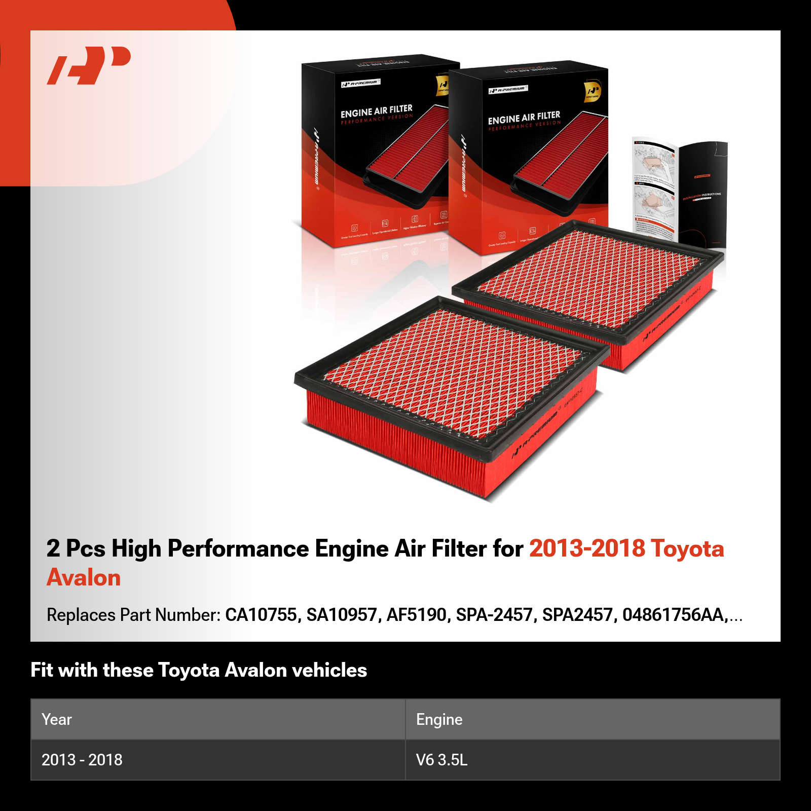 2 Pcs High Performance Engine Air Filter for 2013-2018 Toyota Avalon