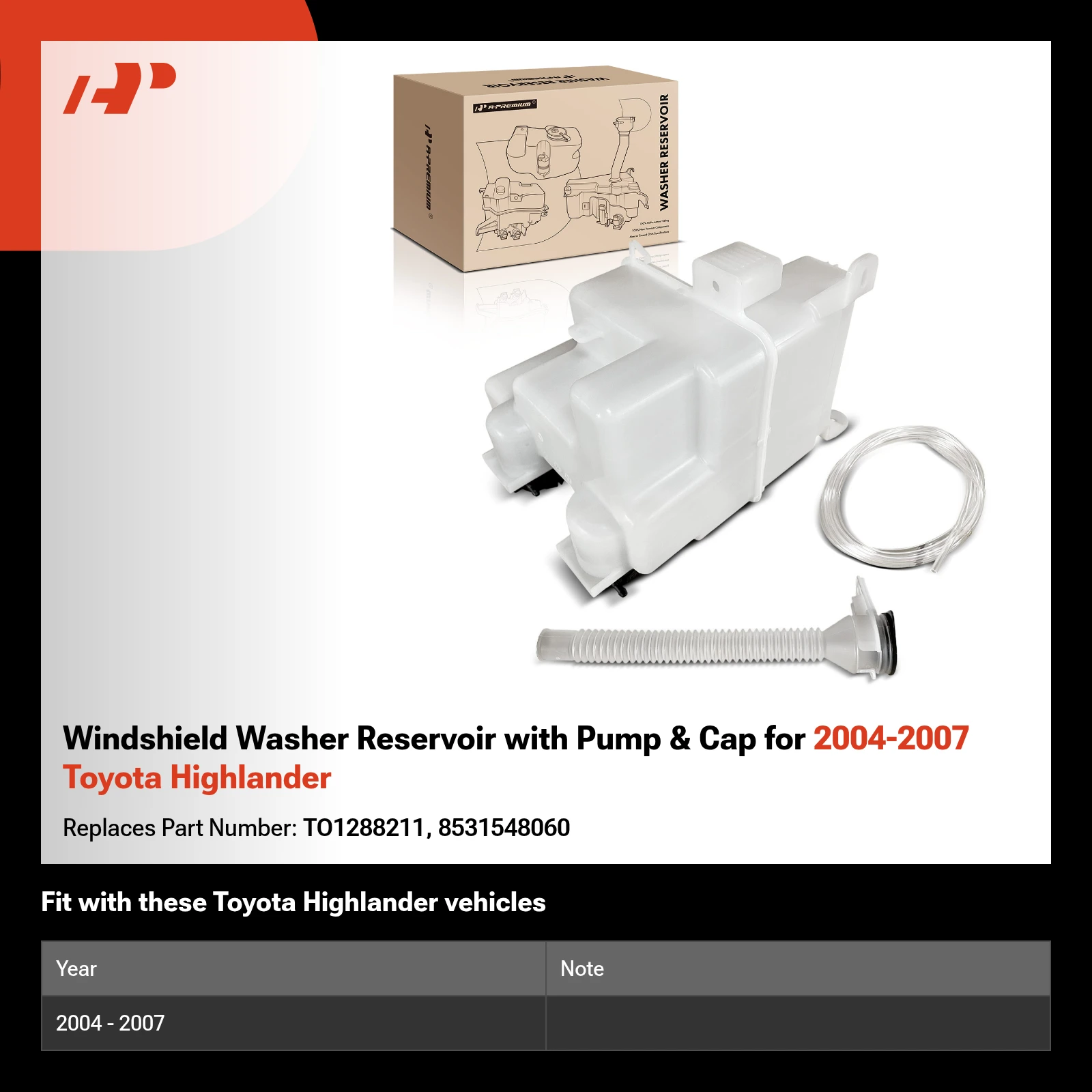 Windshield Washer Reservoir with Pump & Cap for 2004-2007 Toyota Highlander