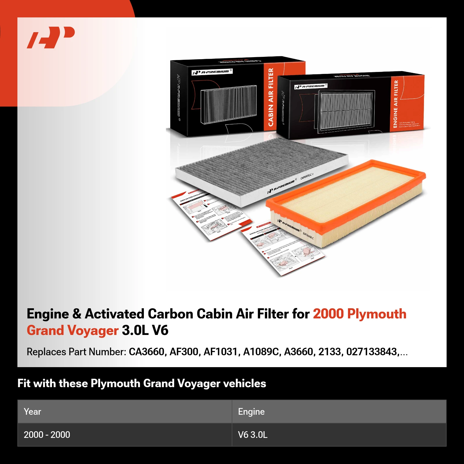 Engine & Activated Carbon Cabin Air Filter for 2000 Plymouth Grand Voyager 3.0L V6
