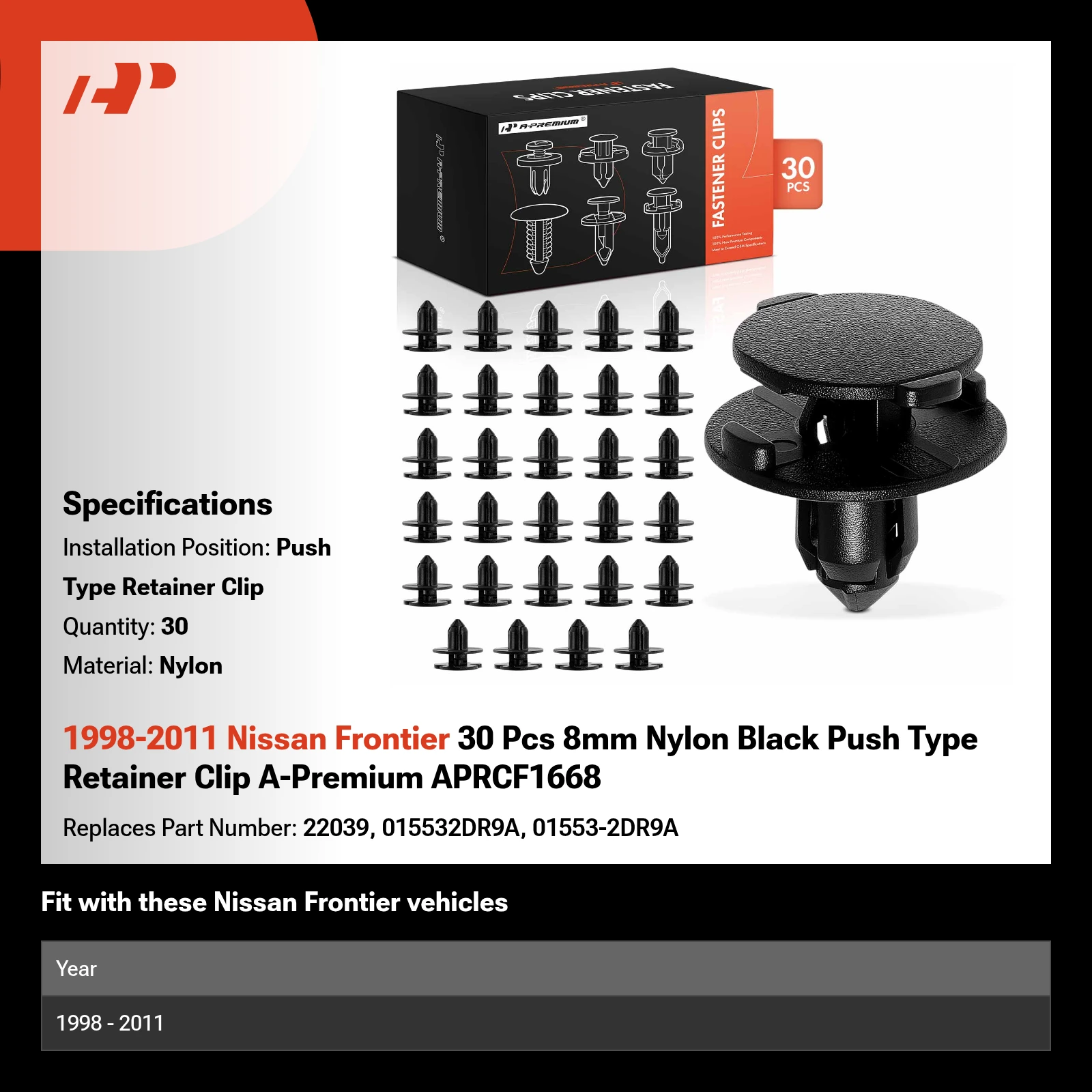 1998-2011 Nissan Frontier 30 Pcs 8mm Nylon Black Push Type Retainer Clip A-Premium APRCF1668