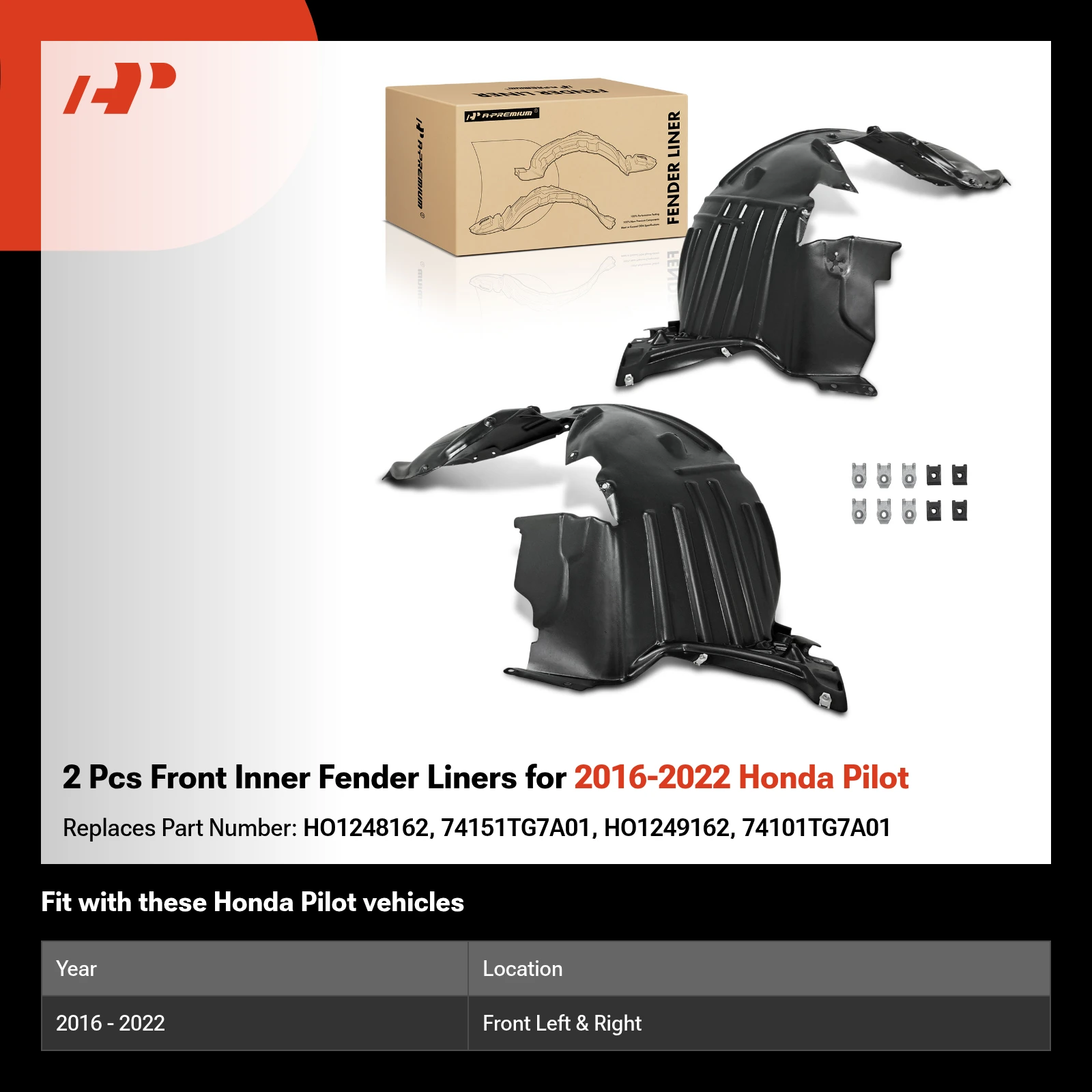 2 Pcs Front Inner Fender Liners for 2016-2022 Honda Pilot