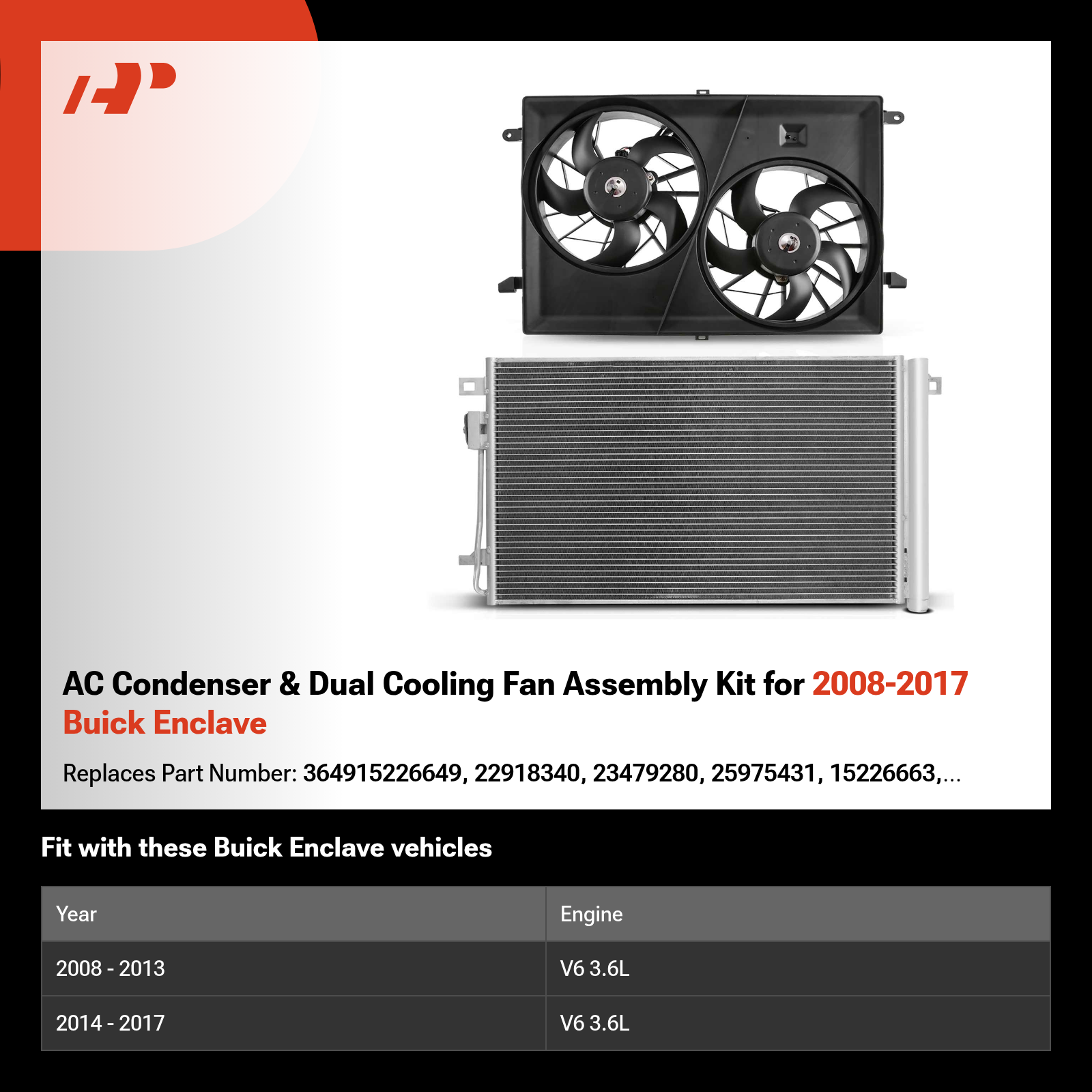AC Condenser & Dual Cooling Fan Assembly Kit for 2008-2017 Buick Enclave