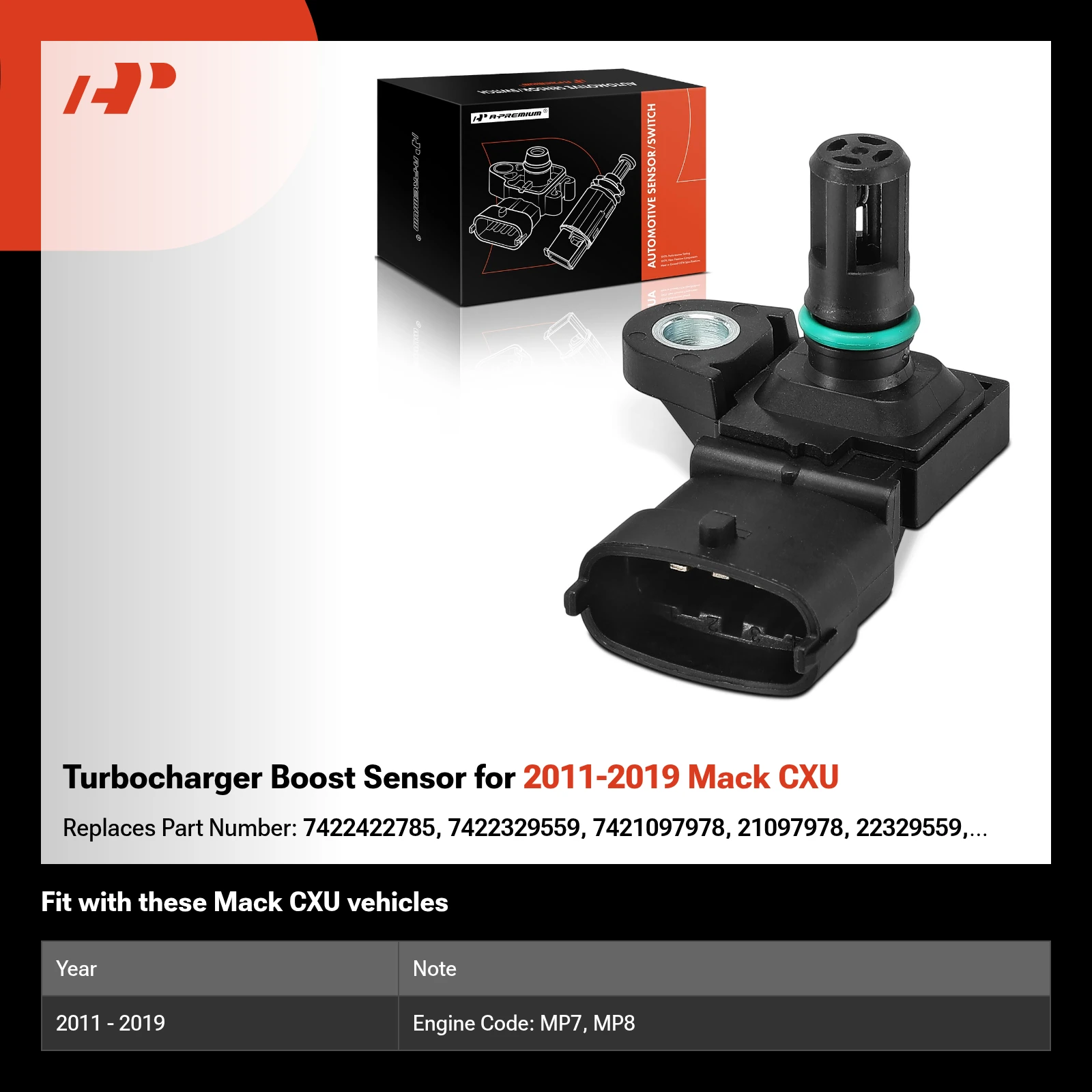 Turbocharger Boost Sensor for 2011-2019 Mack CXU