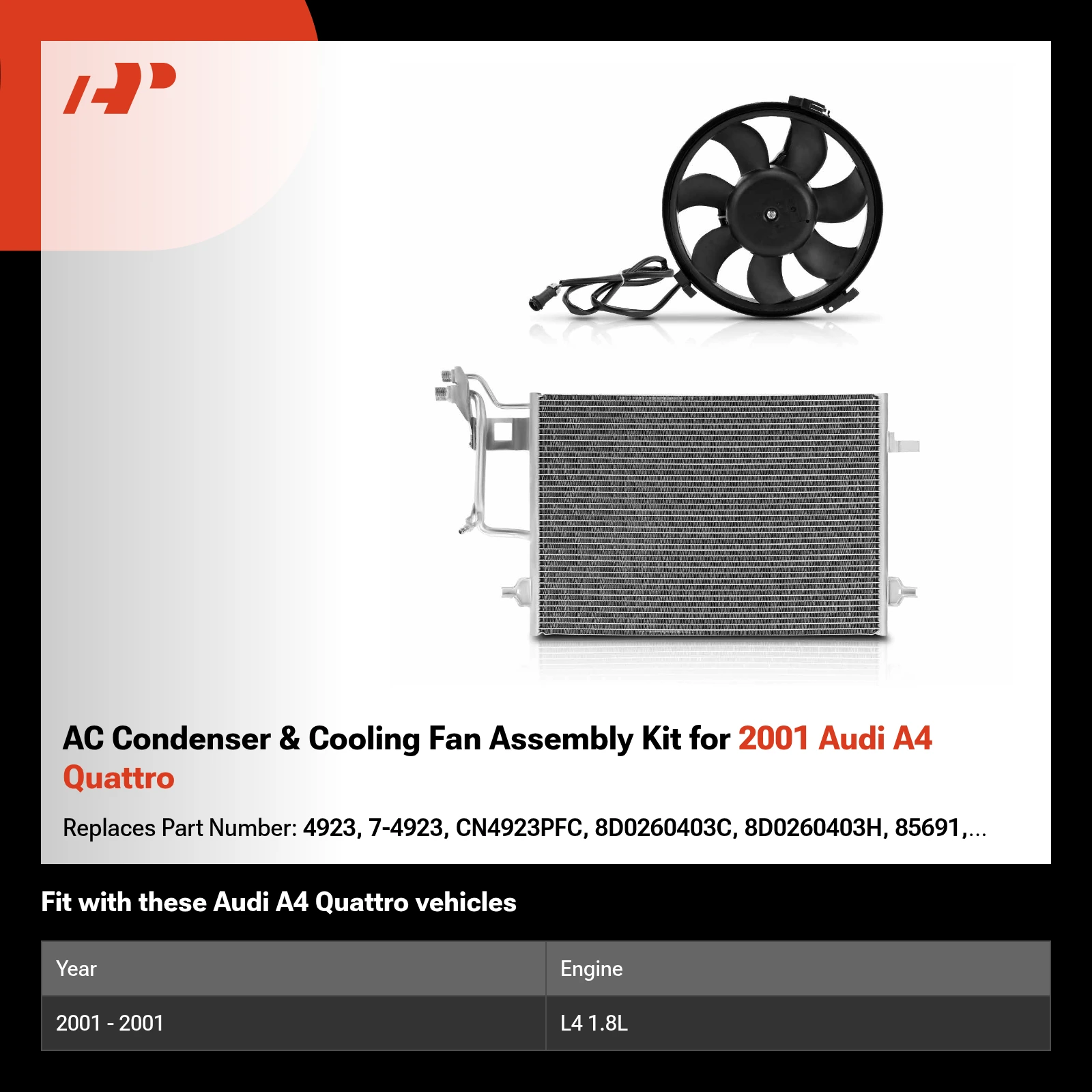 AC Condenser & Cooling Fan Assembly Kit for 2001 Audi A4 Quattro