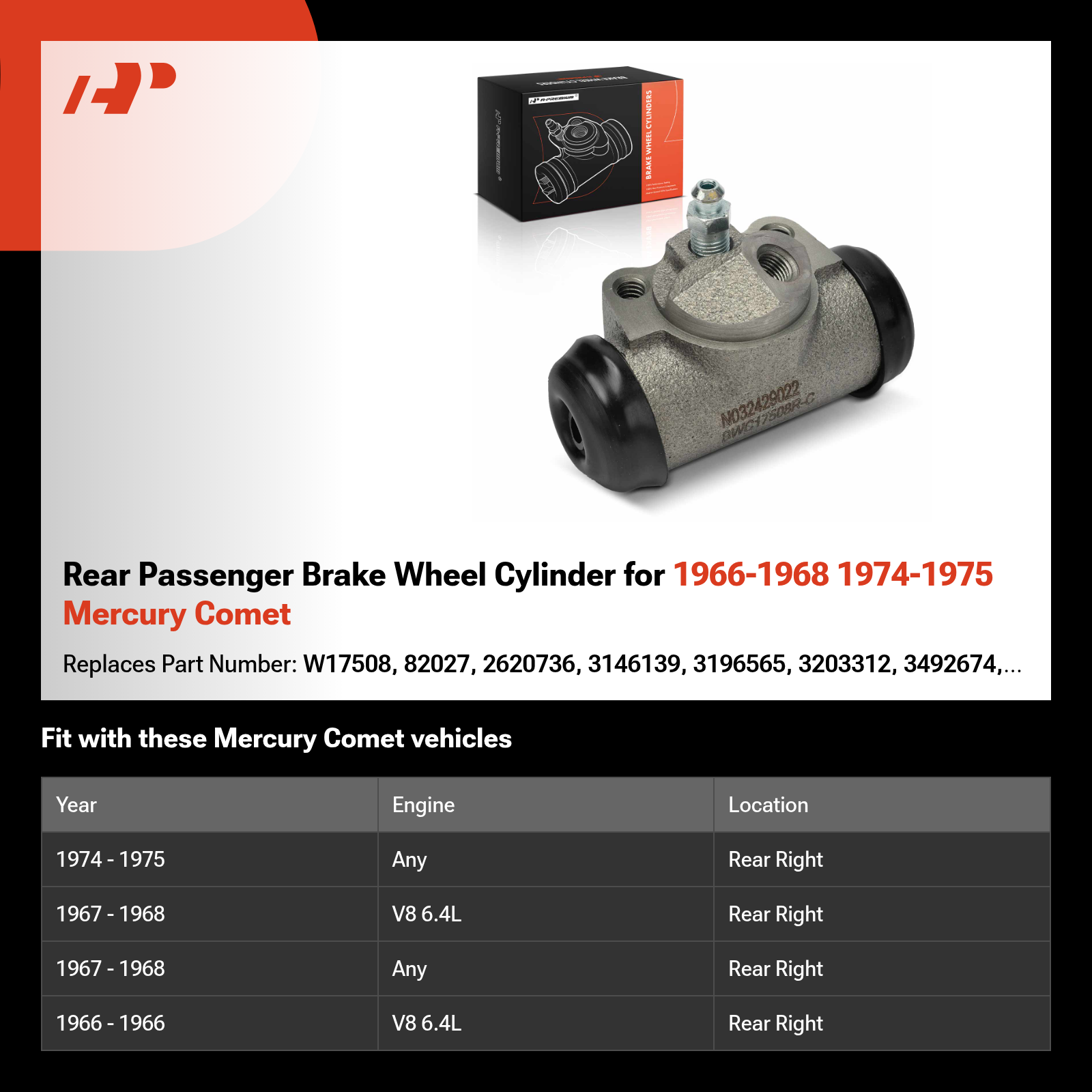 Rear Passenger Brake Wheel Cylinder for 1966-1968 1974-1975 Mercury Comet