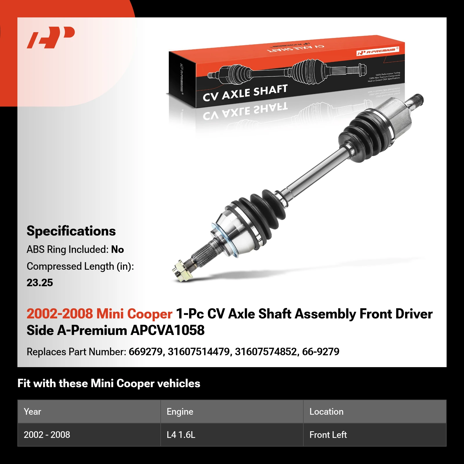 2002-2008 Mini Cooper 1-Pc CV Axle Shaft Assembly Front Driver Side A-Premium APCVA1058