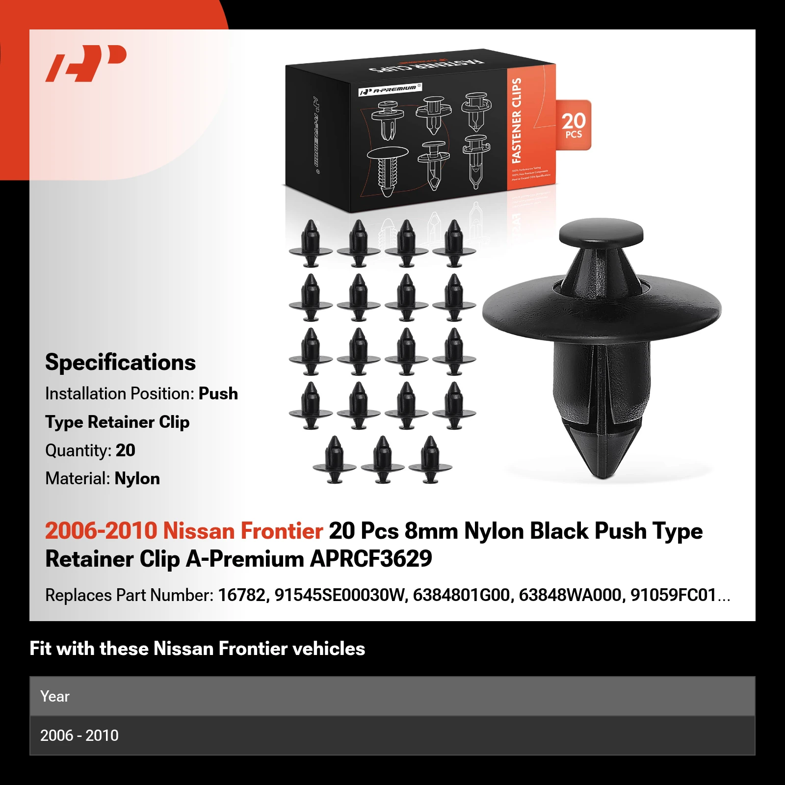 2006-2010 Nissan Frontier 20 Pcs 8mm Nylon Black Push Type Retainer Clip A-Premium APRCF3629