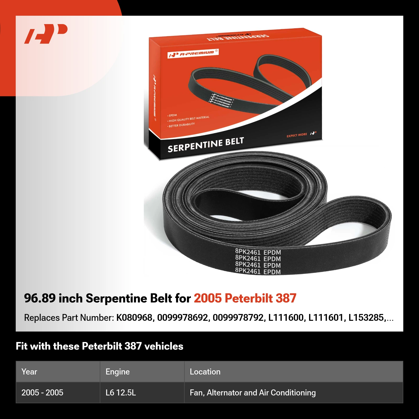 96.89 inch Serpentine Belt for 2005 Peterbilt 387