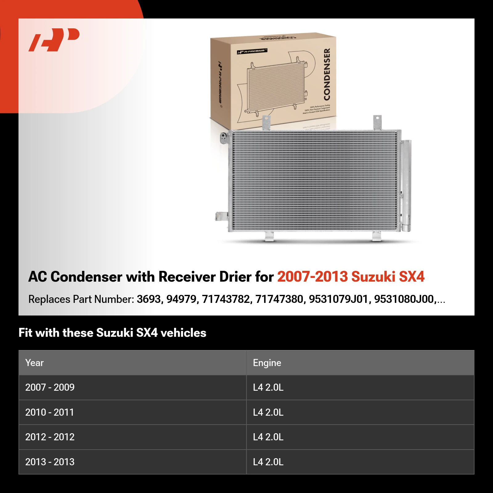 AC Condenser with Receiver Drier for 2007-2013 Suzuki SX4