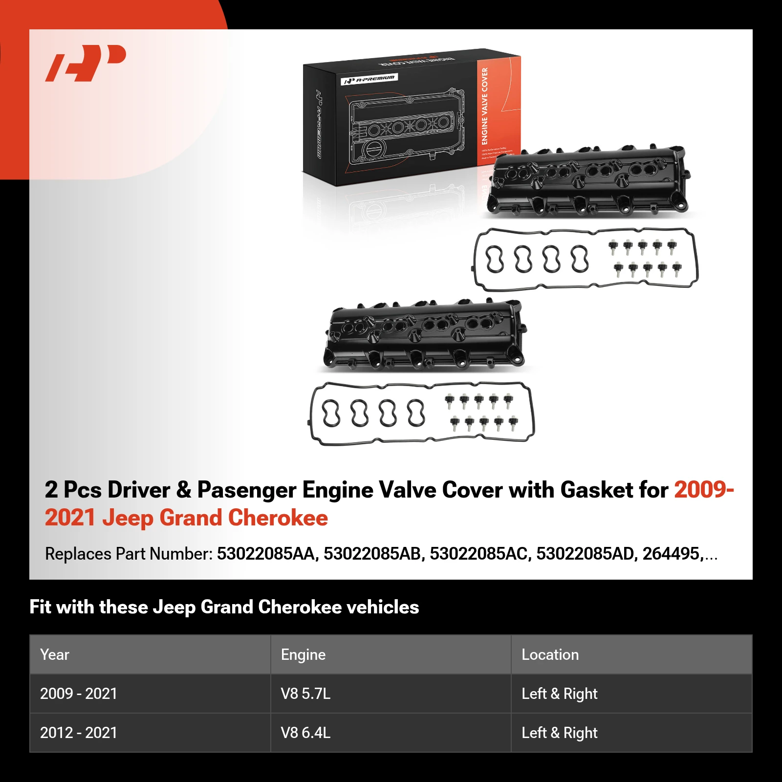 2 Pcs Driver & Pasenger Engine Valve Cover with Gasket for 2009-2021 Jeep Grand Cherokee