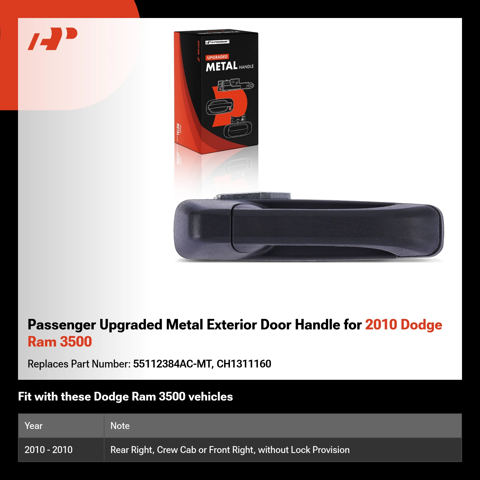 Passenger Upgraded Metal Exterior Door Handle for 2010 Dodge Ram 3500