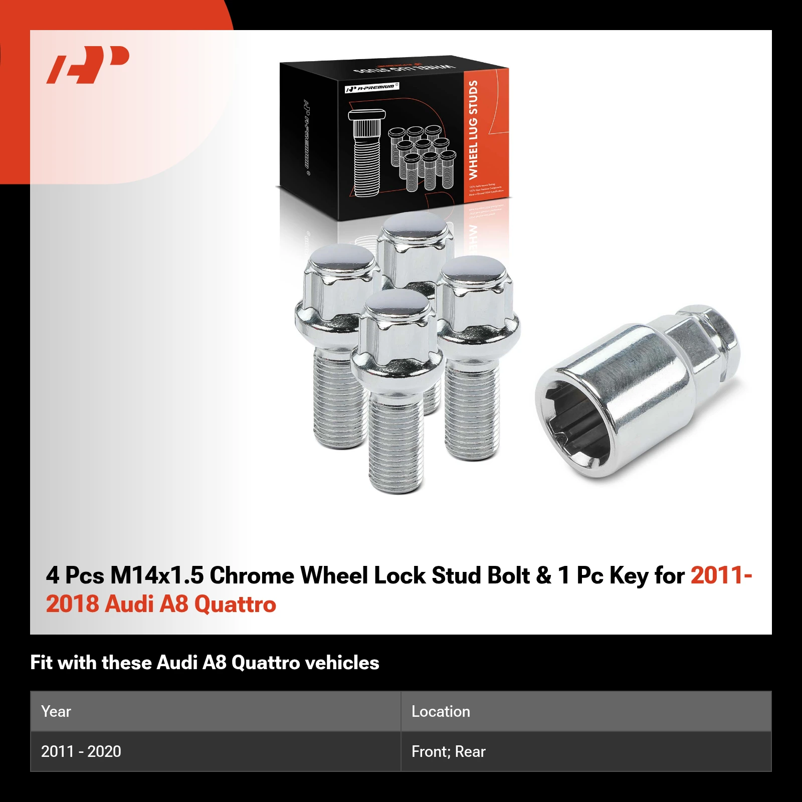 4 Pcs M14x1.5 Chrome Wheel Lock Stud Bolt & 1 Pc Key for 2011-2018 Audi A8 Quattro