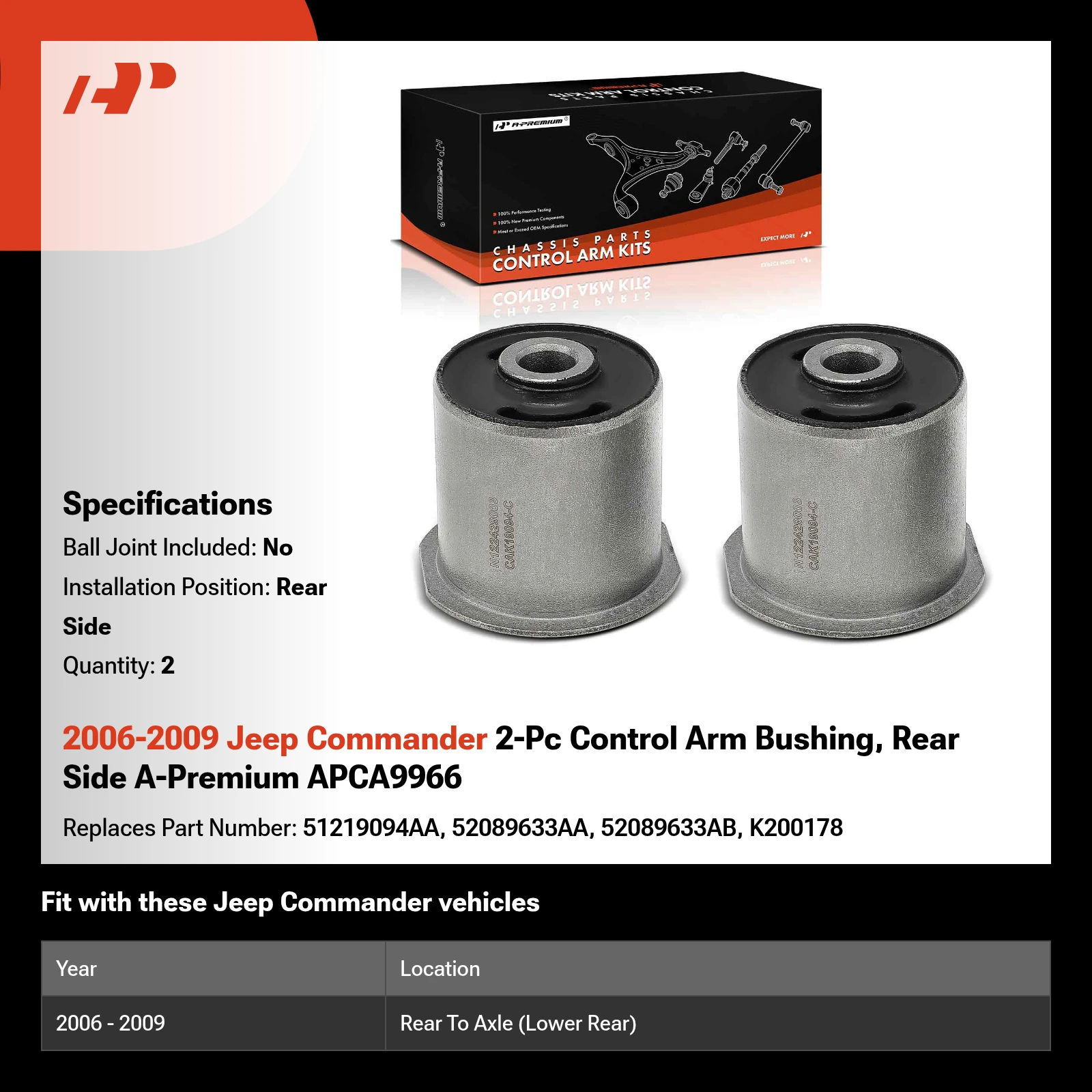 2006-2009 Jeep Commander 2-Pc Control Arm Bushing, Rear Side A-Premium APCA9966