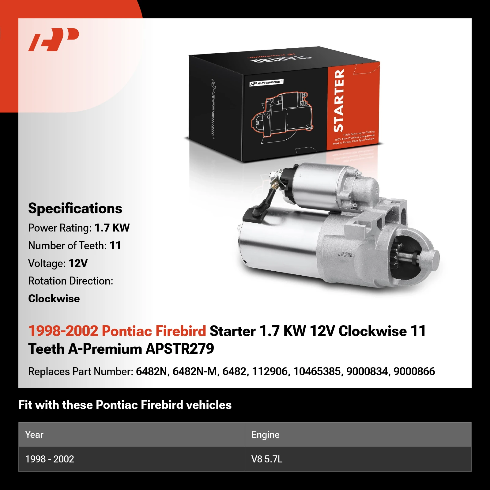 1998-2002 Pontiac Firebird Starter 1.7 KW 12V Clockwise 11 Teeth A-Premium APSTR279