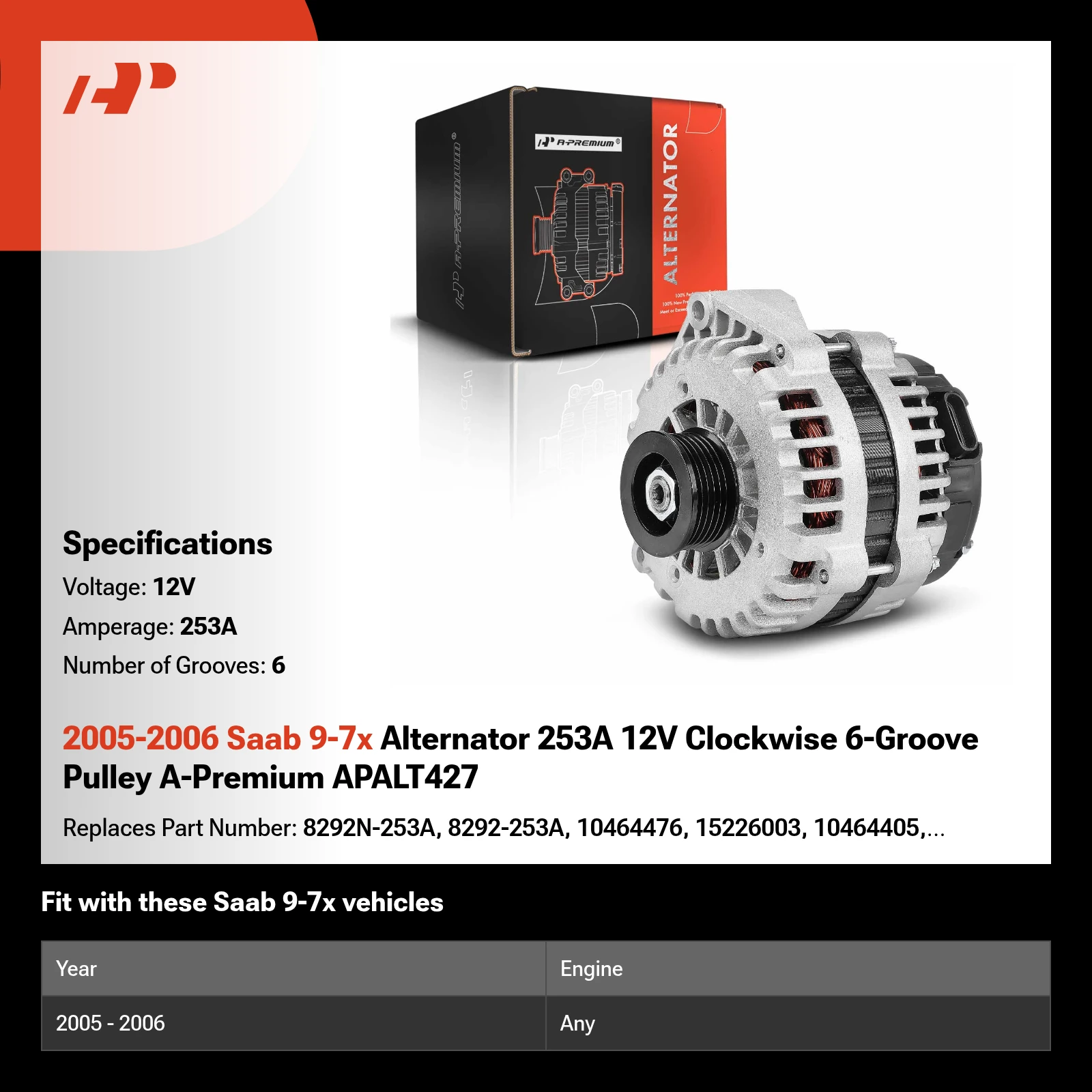 2005-2006 Saab 9-7x Alternator 253A 12V Clockwise 6-Groove Pulley A-Premium APALT427