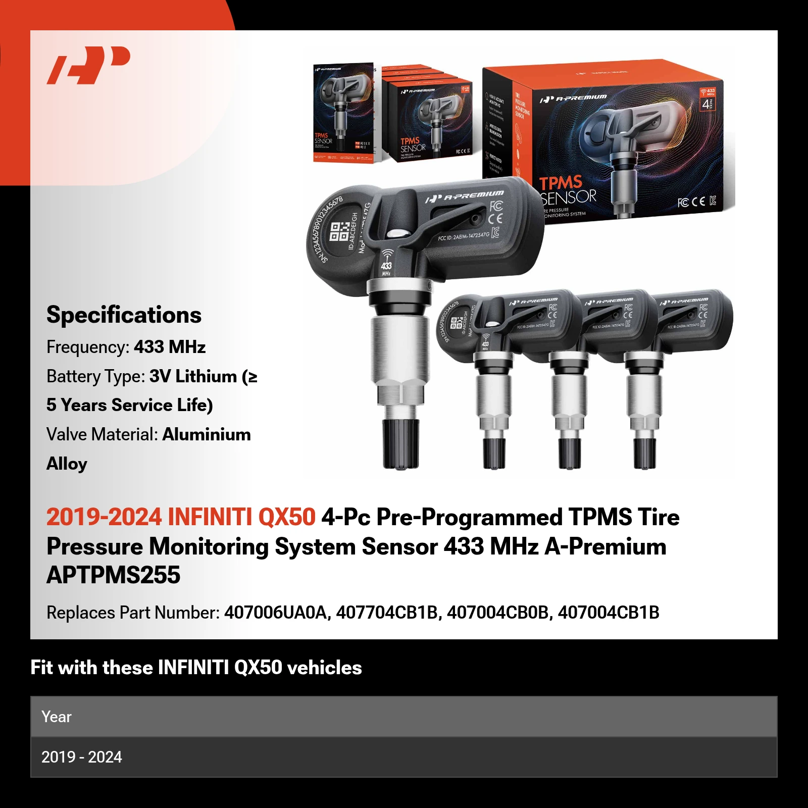2019-2024 INFINITI QX50 4-Pc Pre-Programmed TPMS Tire Pressure Monitoring System Sensor 433 MHz A-Premium APTPMS255