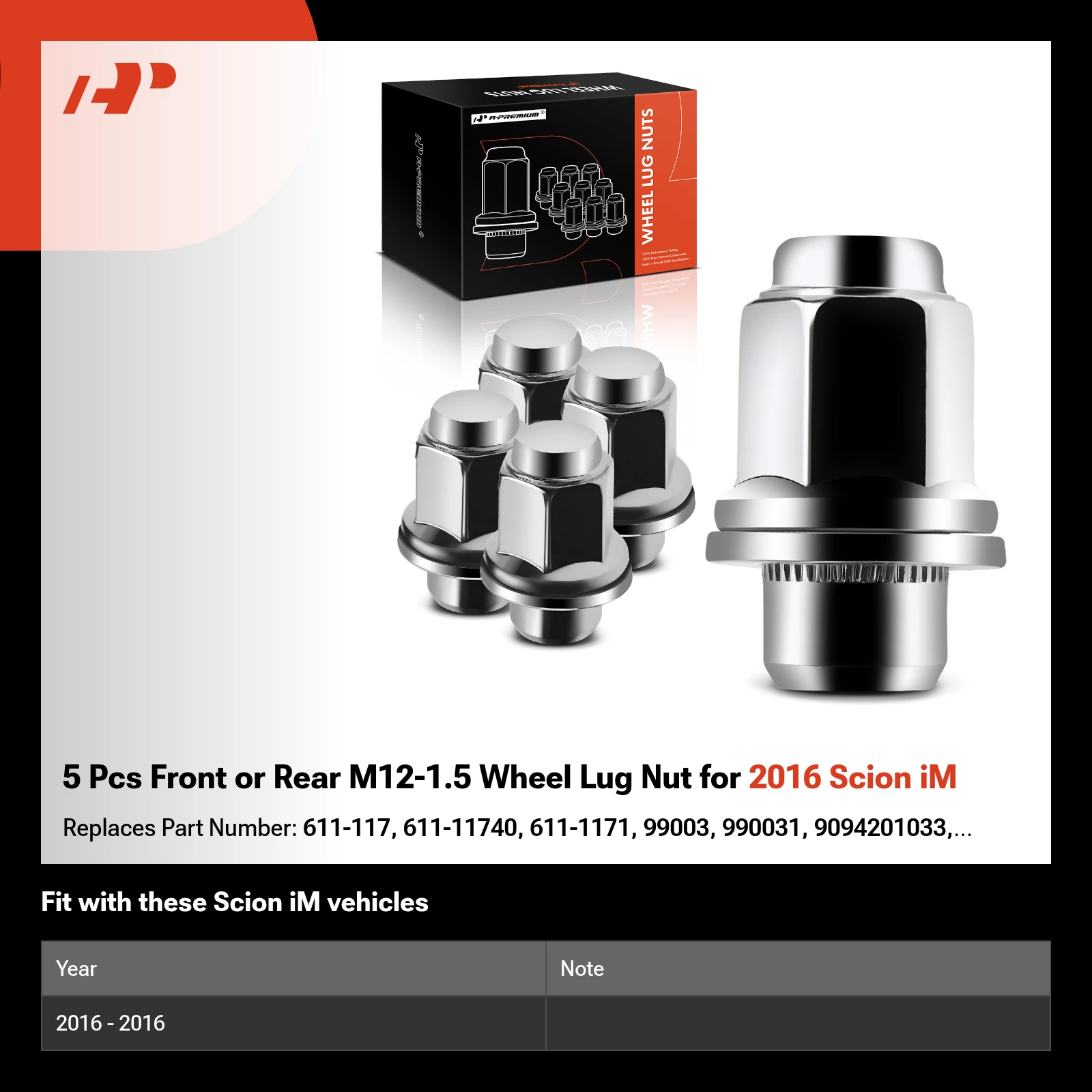 5 Pcs Front or Rear M12-1.5 Wheel Lug Nut for 2016 Scion iM