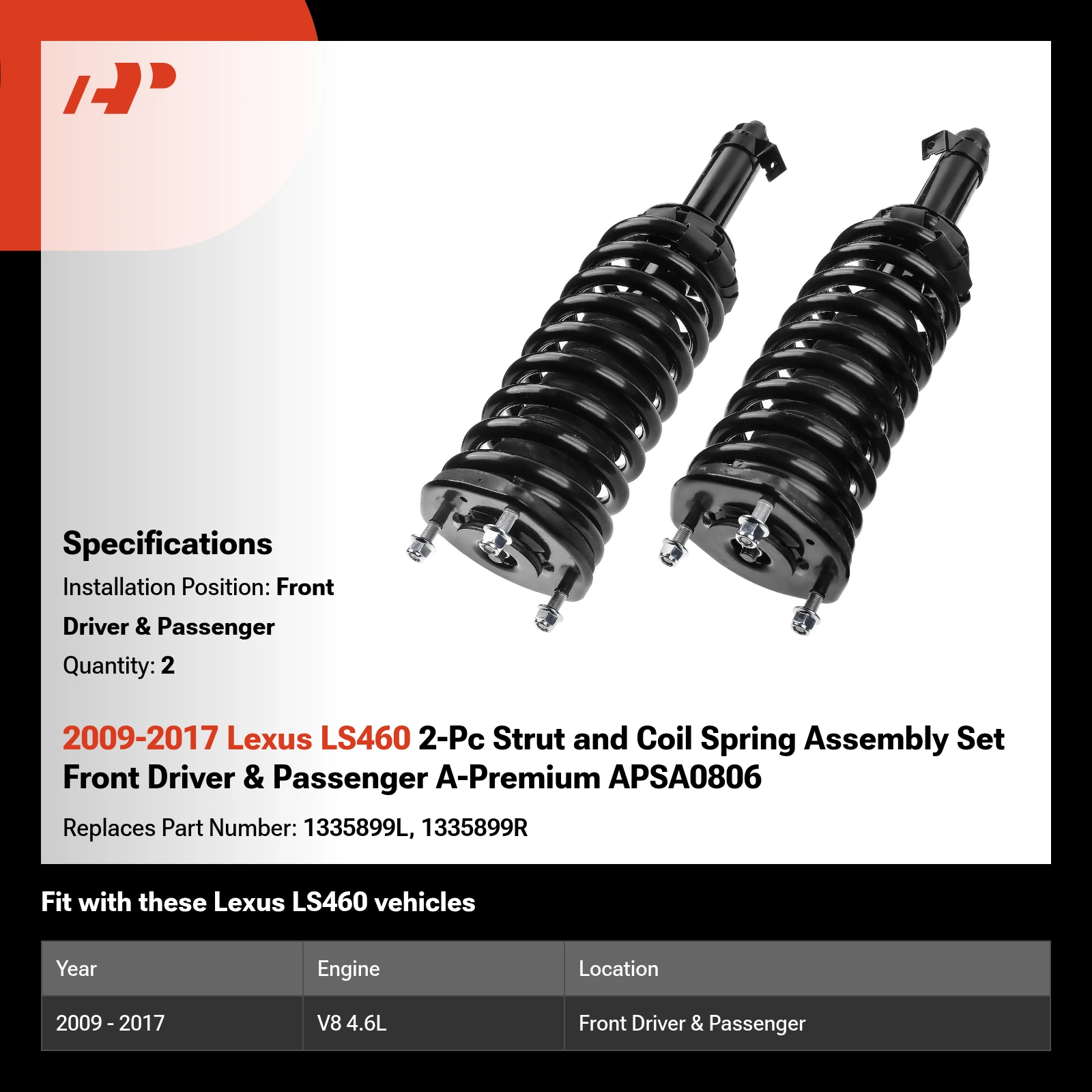 2009-2017 Lexus LS460 2-Pc Strut and Coil Spring Assembly Set Front Driver & Passenger A-Premium APSA0806