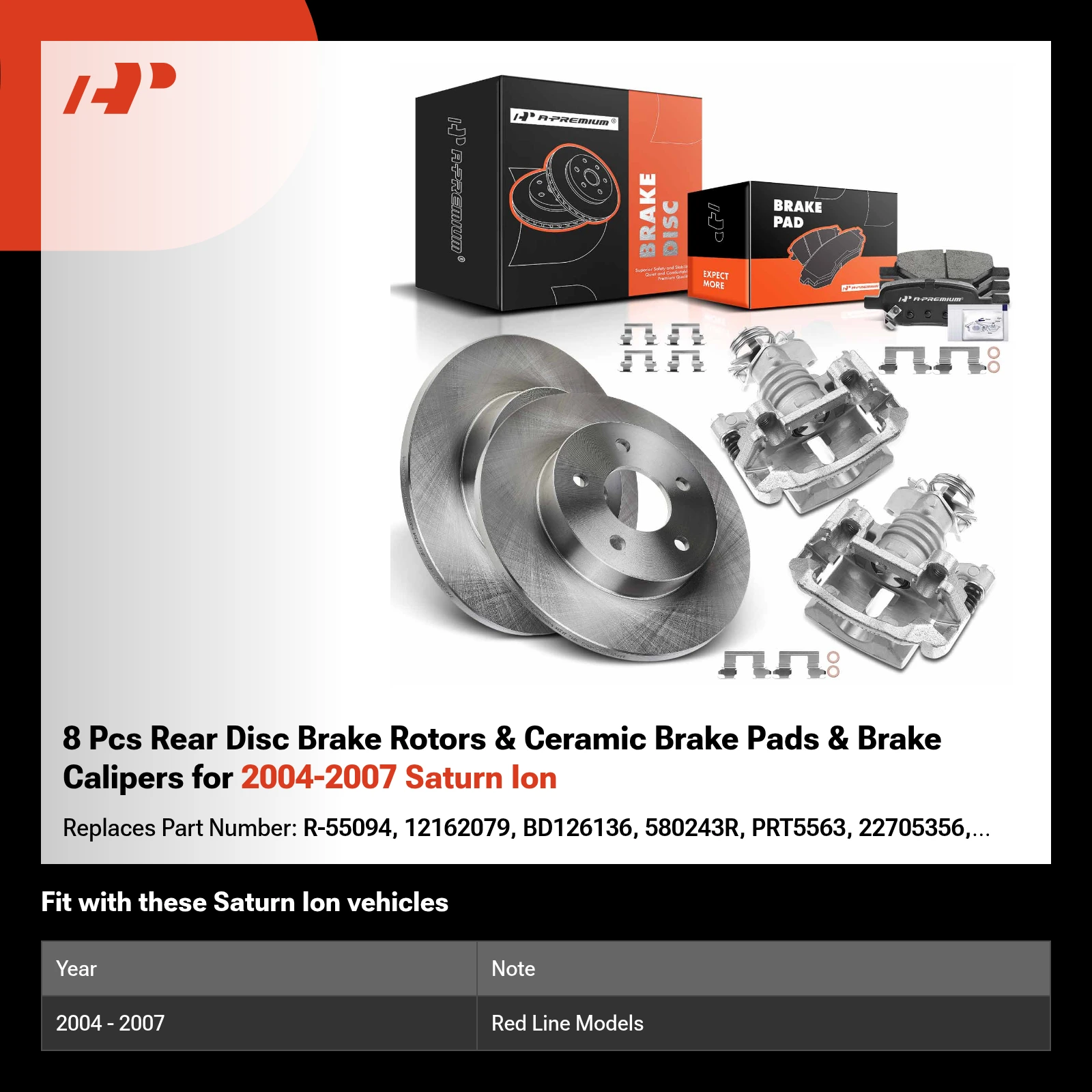 8 Pcs Rear Disc Brake Rotors & Ceramic Brake Pads & Brake Calipers for 2004-2007 Saturn Ion