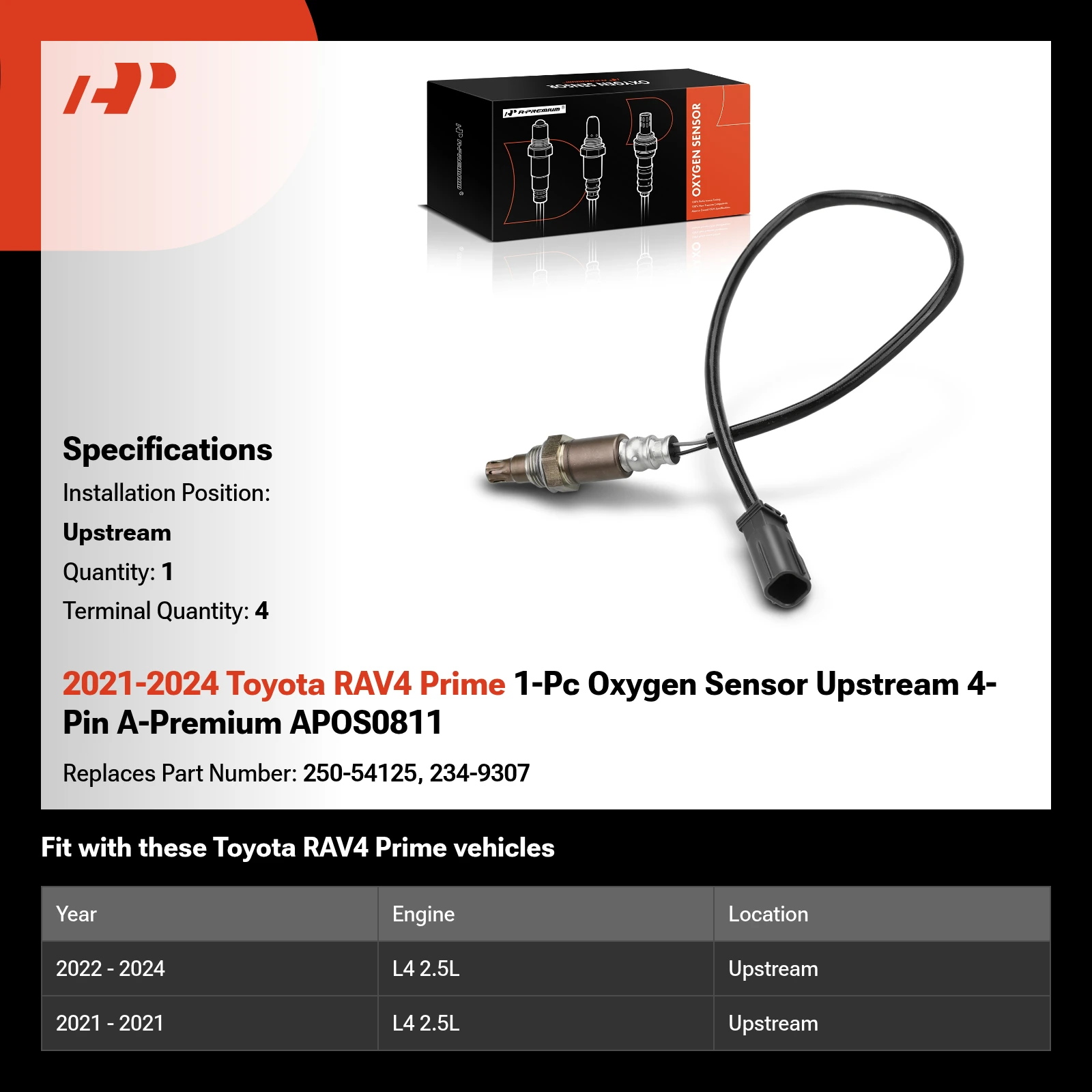 2021-2024 Toyota RAV4 Prime 1-Pc Oxygen Sensor Upstream 4-Pin A-Premium APOS0811