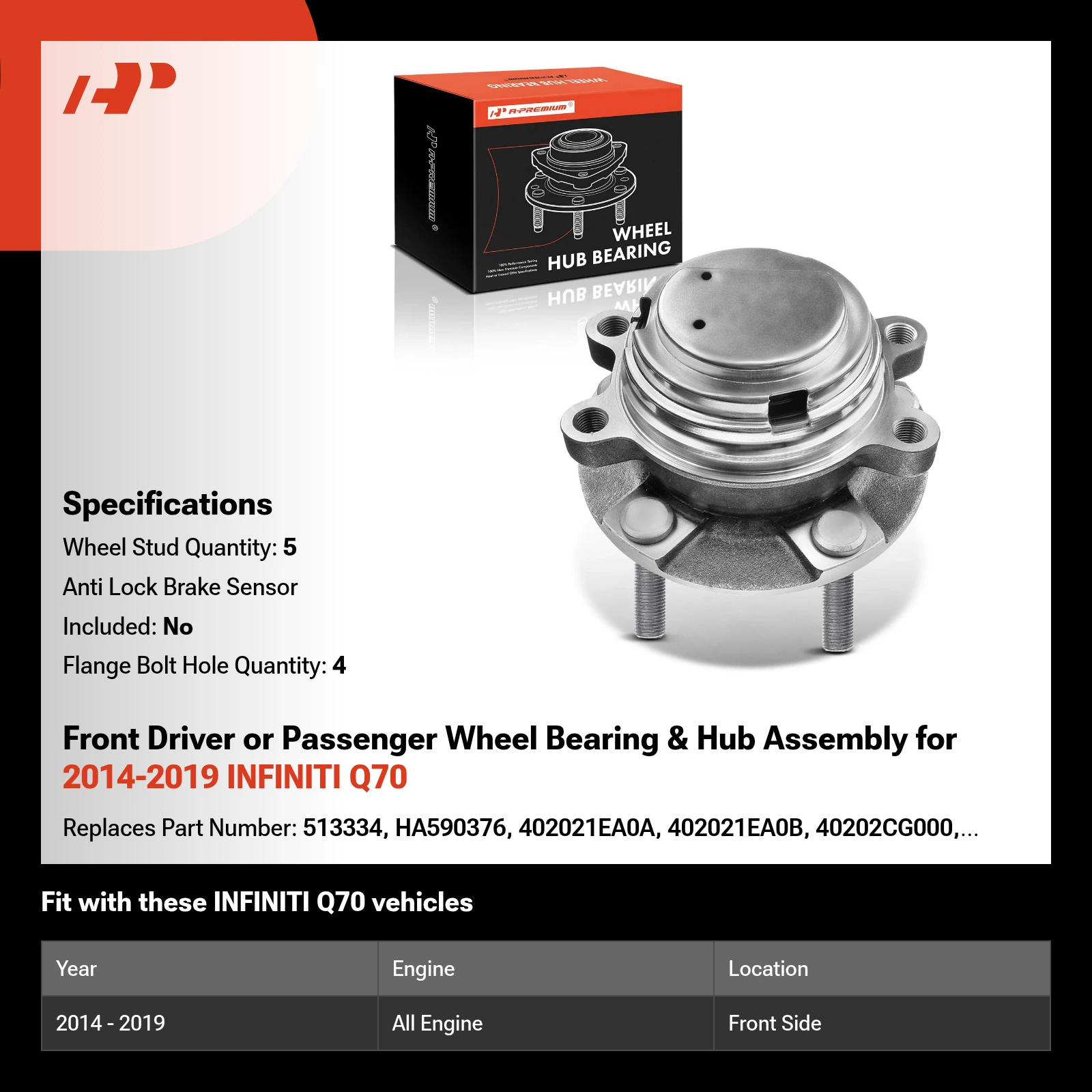 Front Driver or Passenger Wheel Bearing & Hub Assembly for 2014-2019 INFINITI Q70