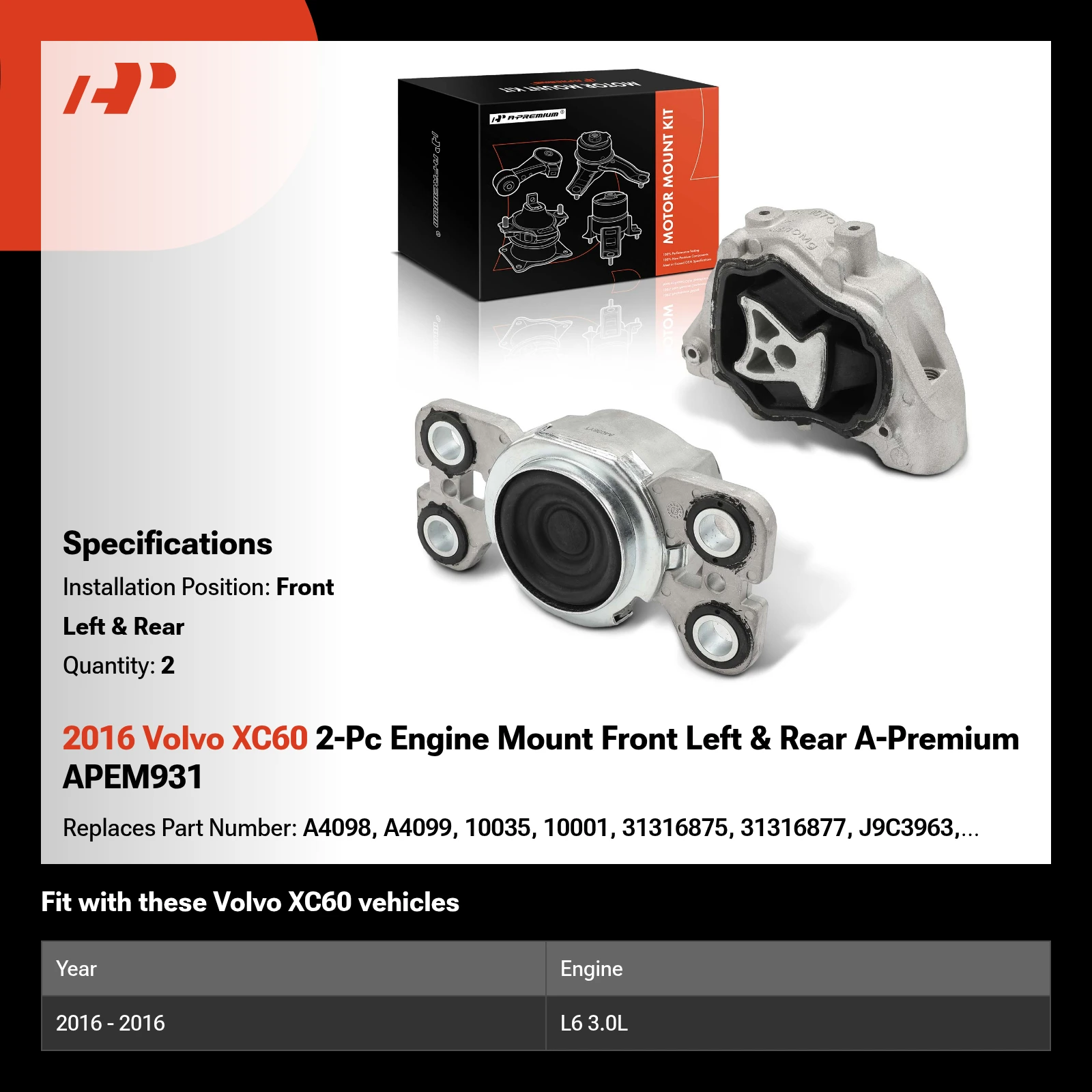 2016 Volvo XC60 2-Pc Engine Mount Front Left & Rear A-Premium APEM931