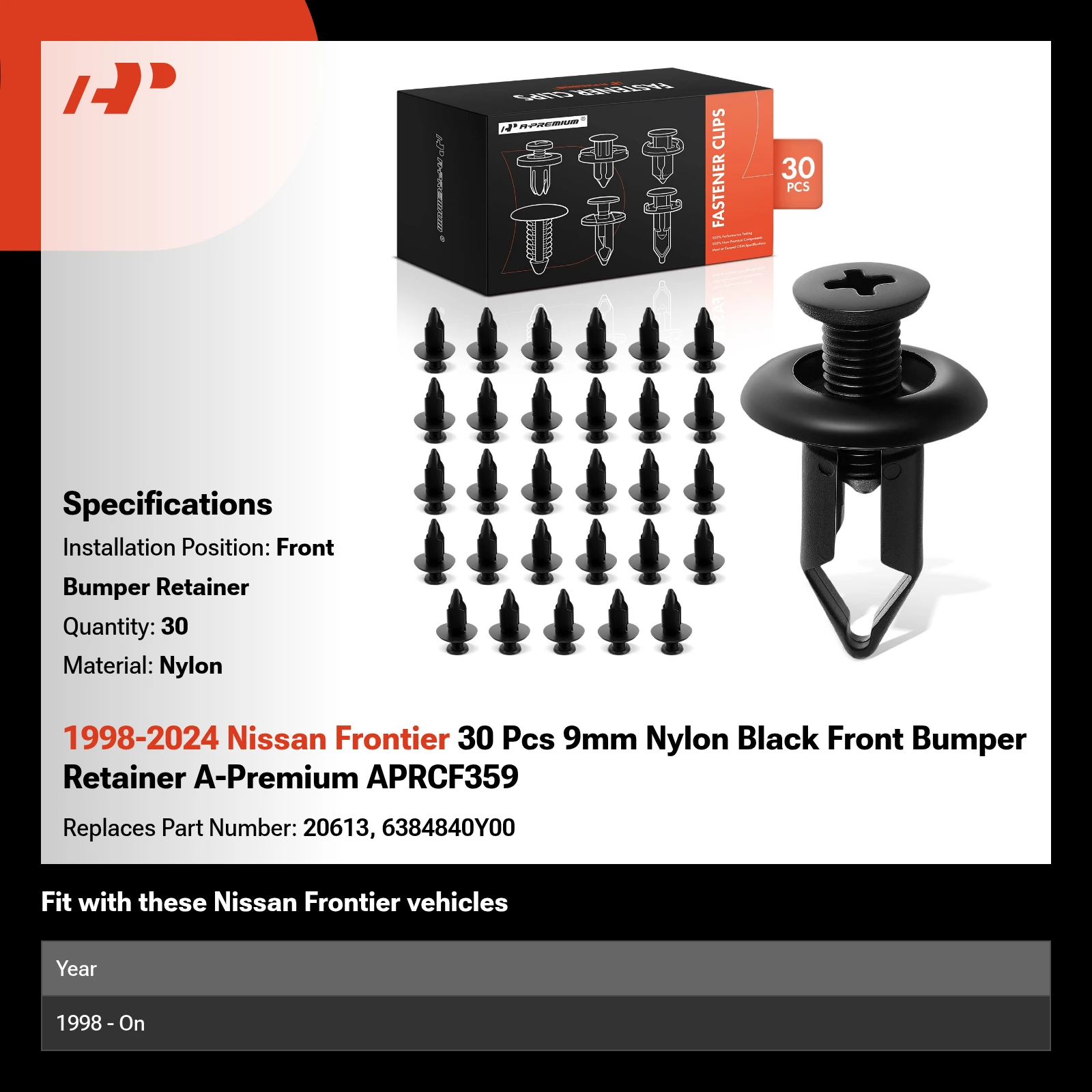 1998-2024 Nissan Frontier 30 Pcs 9mm Nylon Black Front Bumper Retainer A-Premium APRCF359