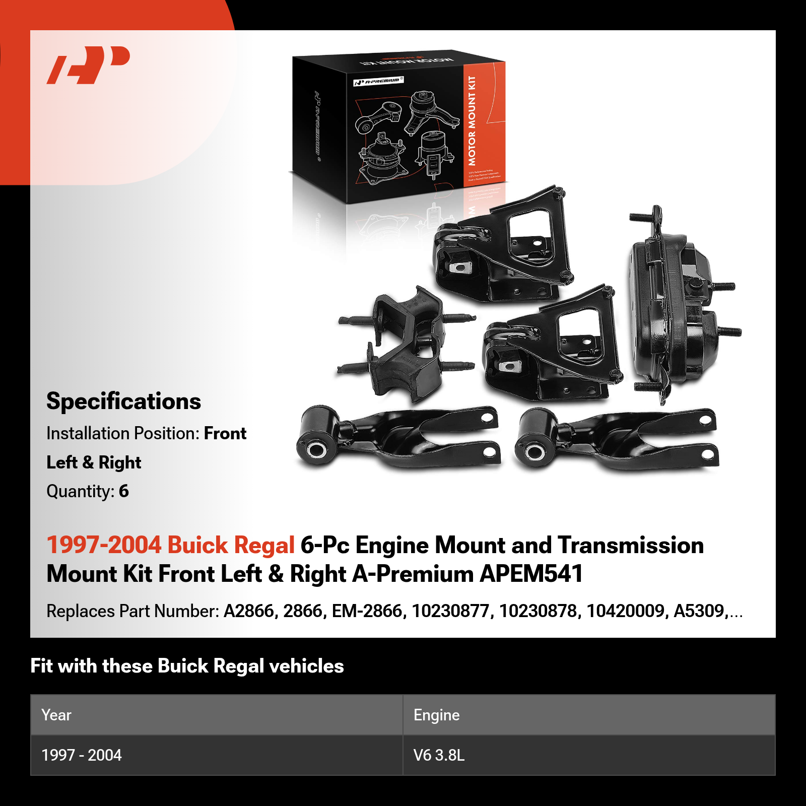 1997-2004 Buick Regal 6-Pc Engine Mount and Transmission Mount Kit Front Left & Right A-Premium APEM541