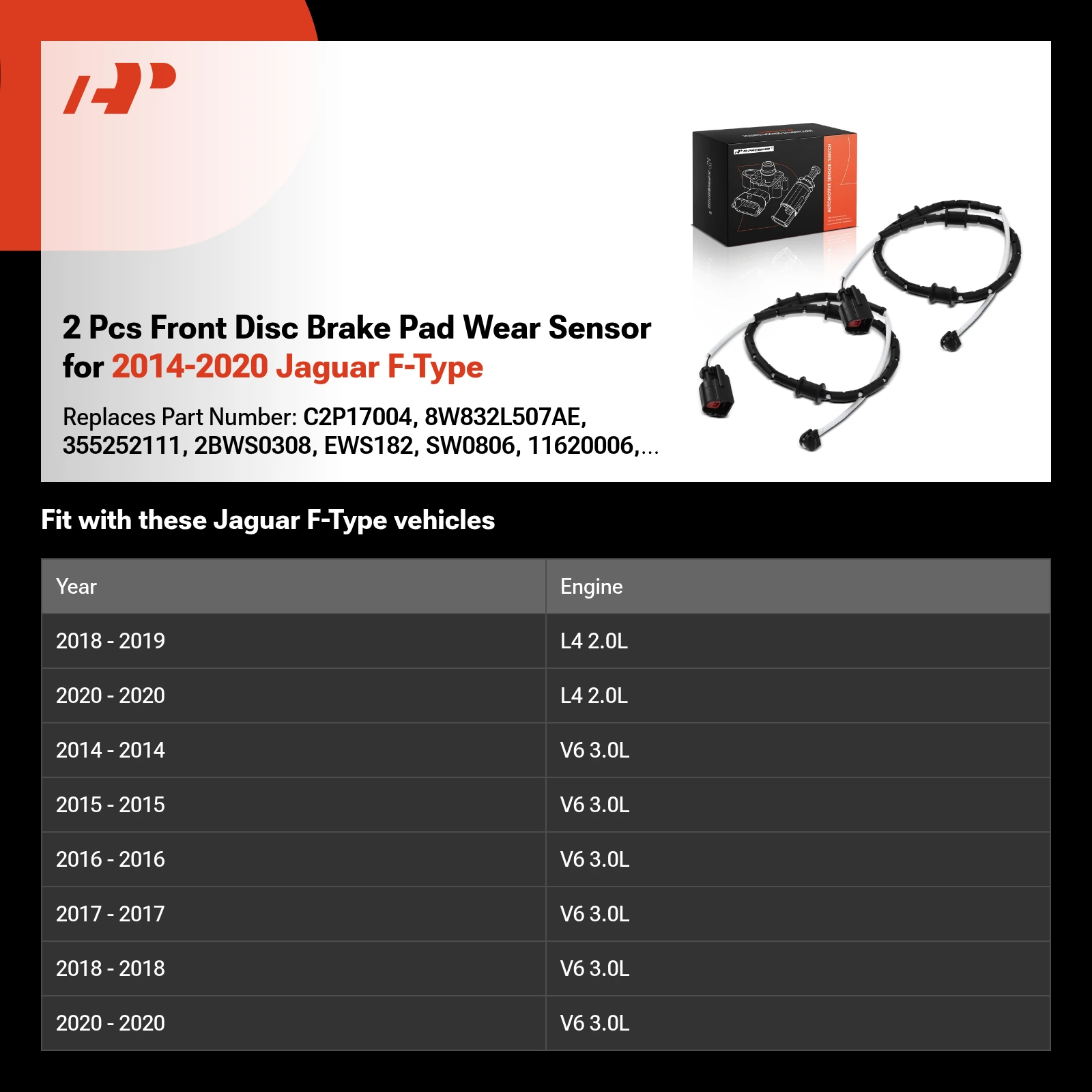 2 Pcs Front Disc Brake Pad Wear Sensor for 2014-2020 Jaguar F-Type