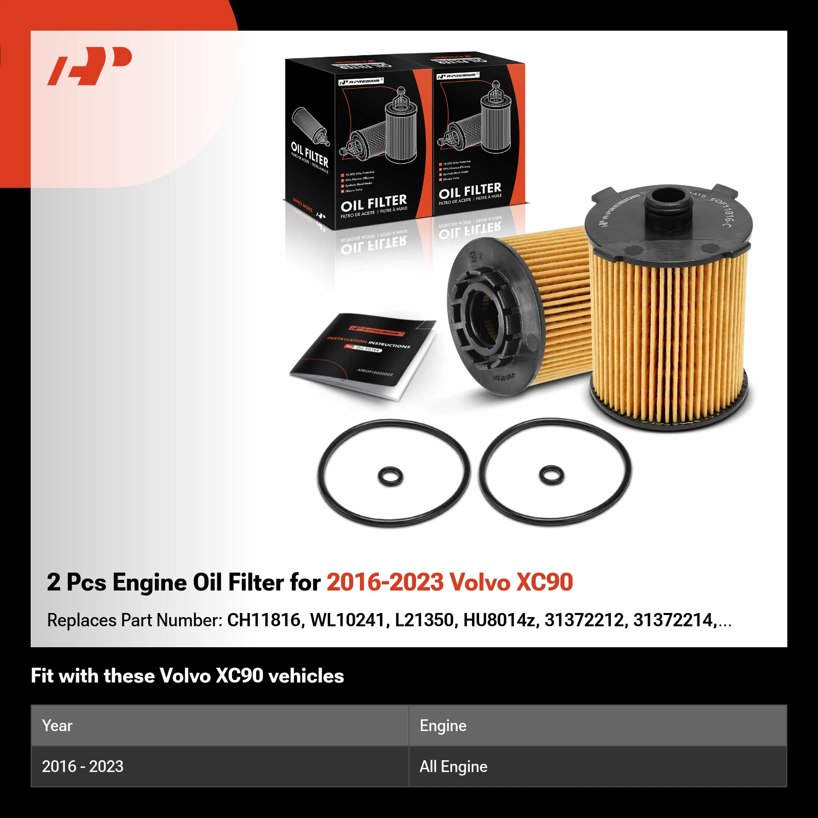 2 Pcs Engine Oil Filter for 2016-2023 Volvo XC90