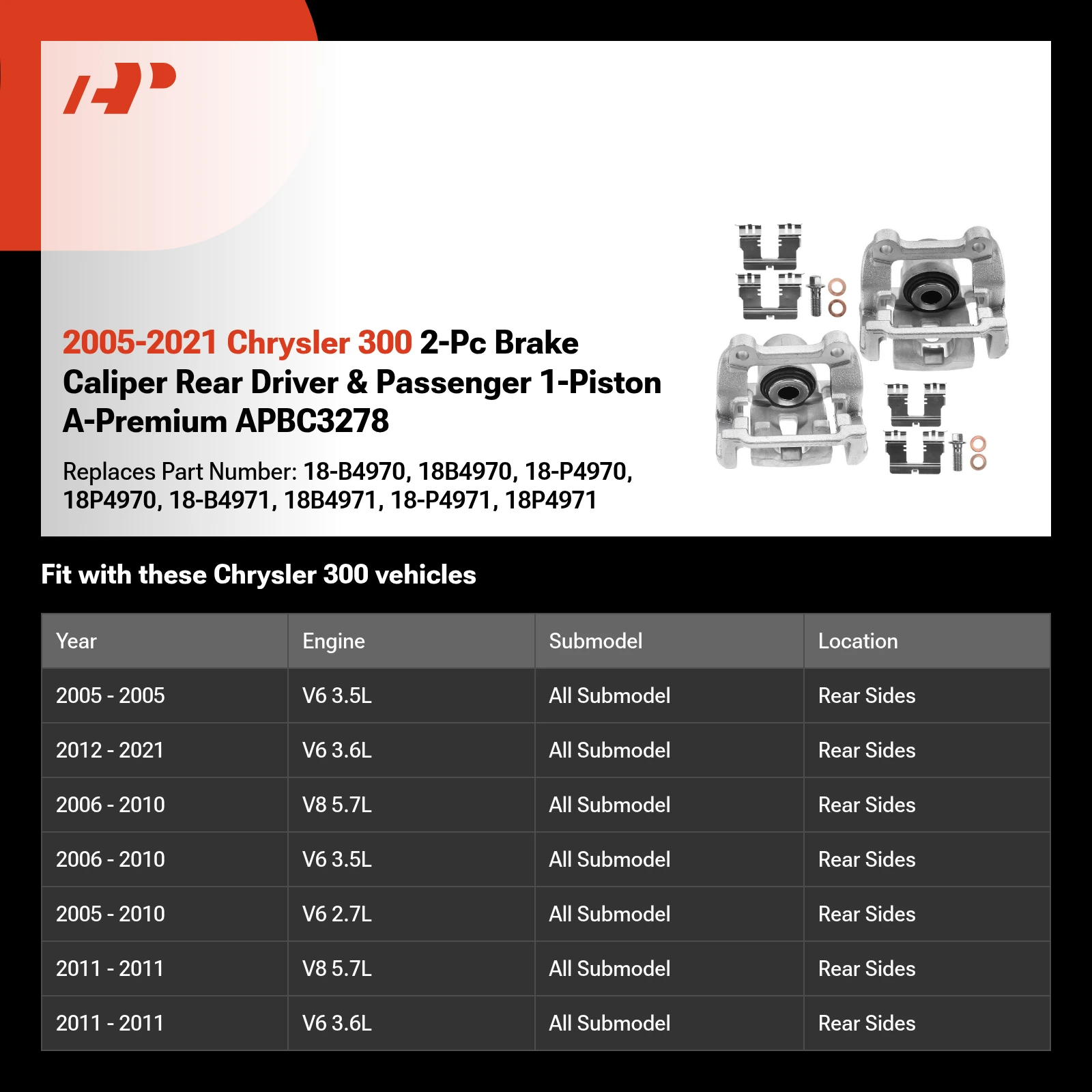 2005-2021 Chrysler 300 2-Pc Brake Caliper Rear Driver & Passenger 1-Piston A-Premium APBC3278