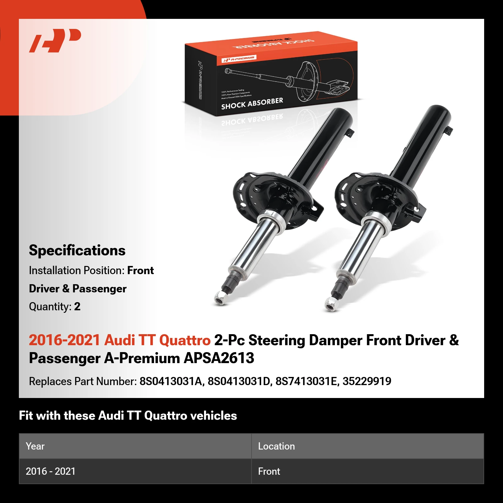 2016-2021 Audi TT Quattro 2-Pc Steering Damper Front Driver & Passenger A-Premium APSA2613